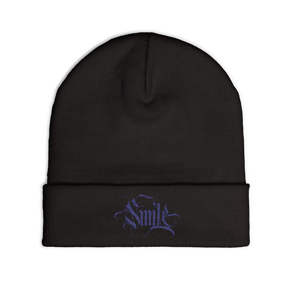 Embroidered 'Smile' Knit Beanie — Gothic Script Winter Hat