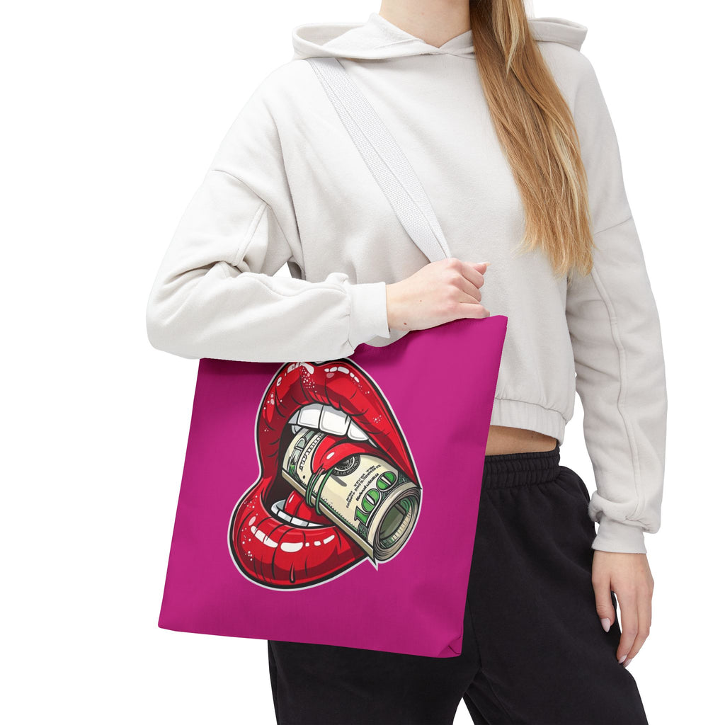 Pink Statement Tote Bag — Red Lips Holding Money Graphic
