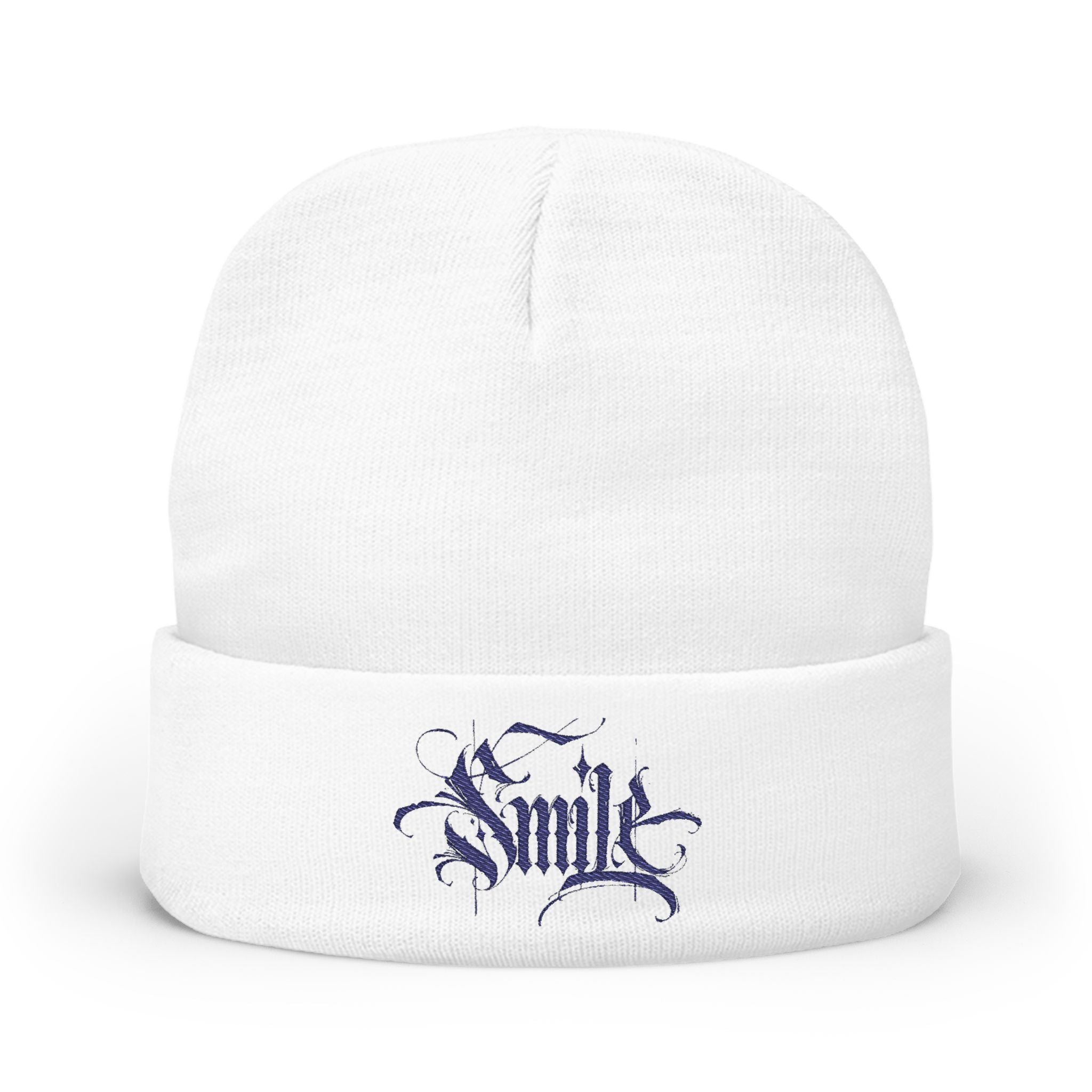 Embroidered 'Smile' Knit Beanie — Gothic Script Winter Hat