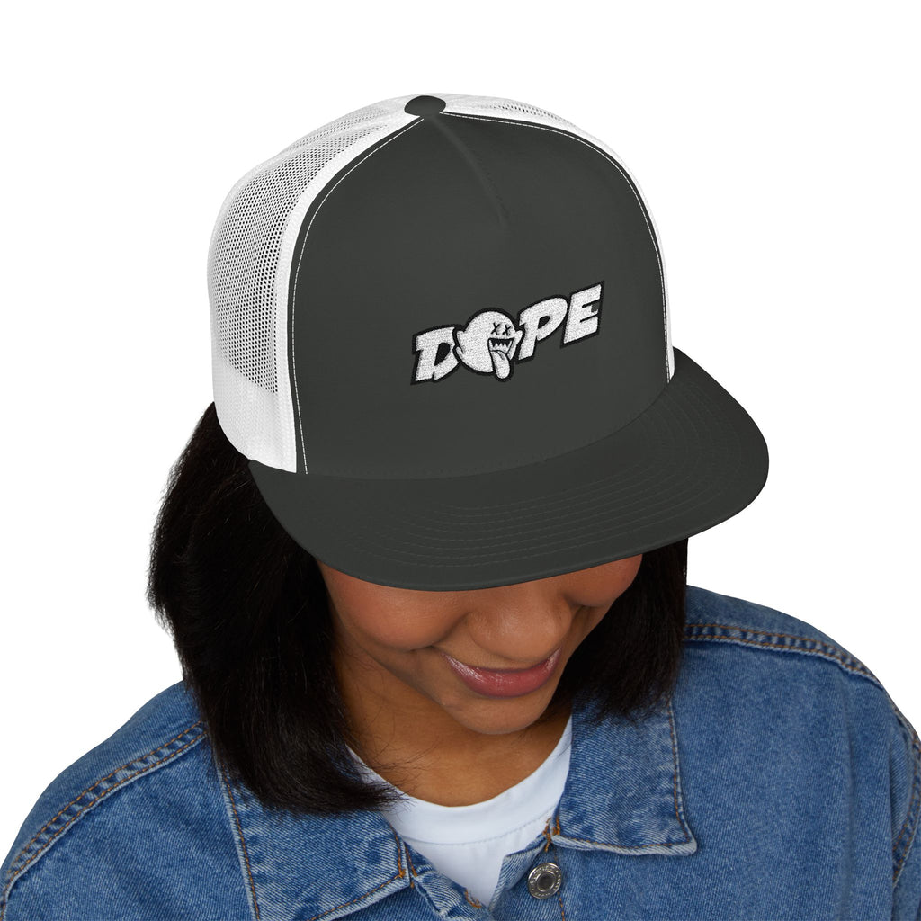 Dope Embroidered Trucker Cap — Retro Puff Lettering Mesh Hat