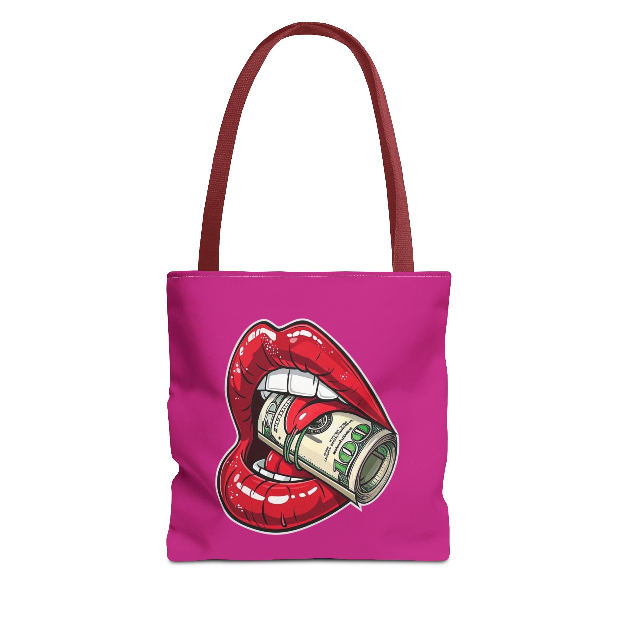 Pink Statement Tote Bag — Red Lips Holding Money Graphic