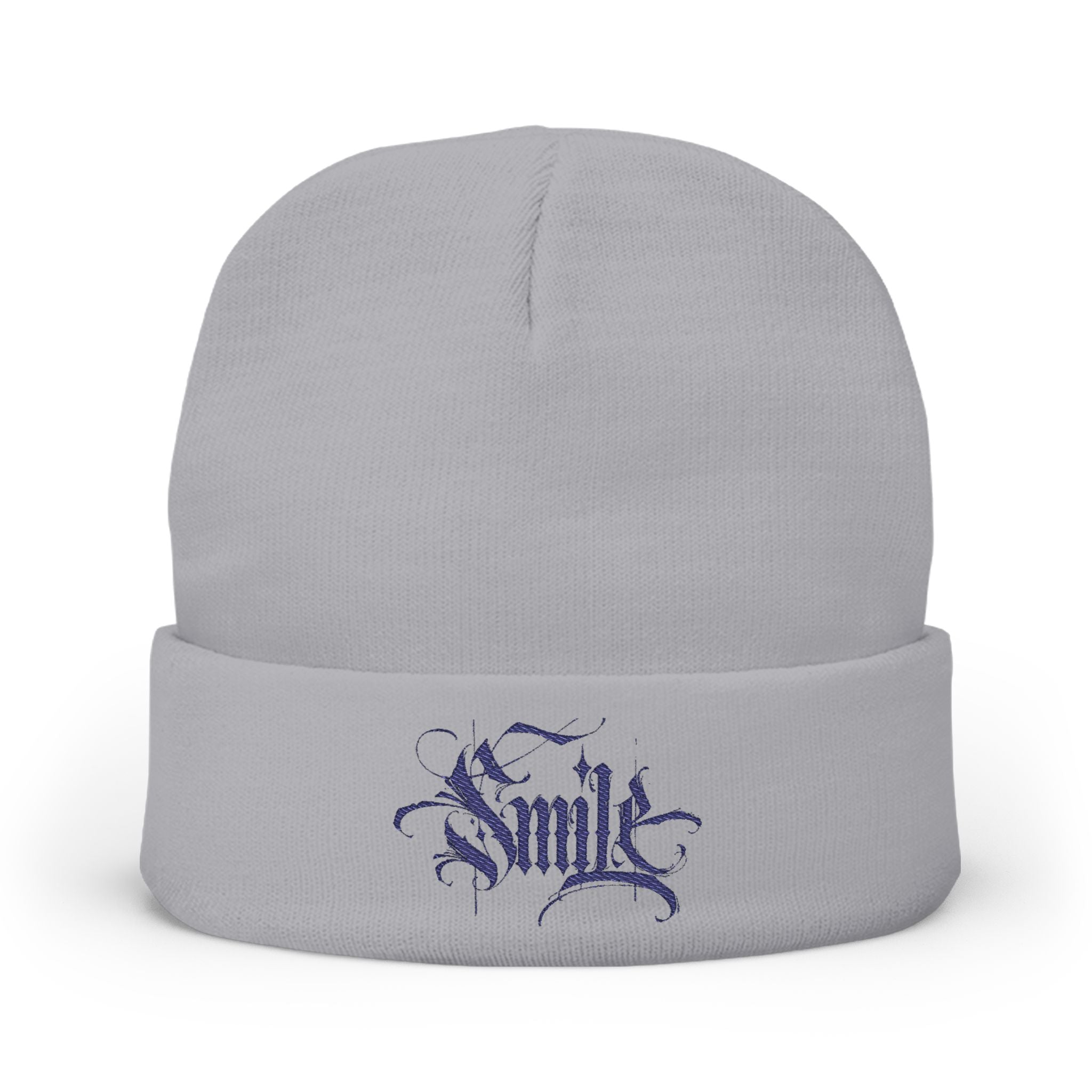 Embroidered 'Smile' Knit Beanie — Gothic Script Winter Hat