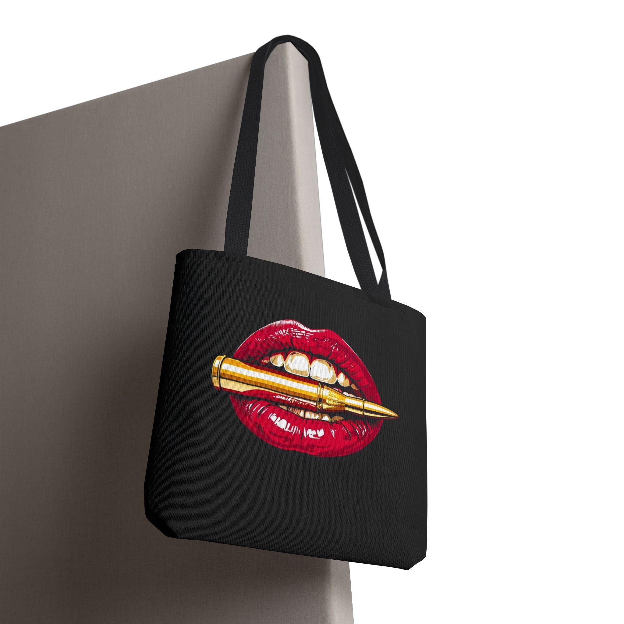 Bullet Bite Tote Bag – Edgy Red Lip Art Tote