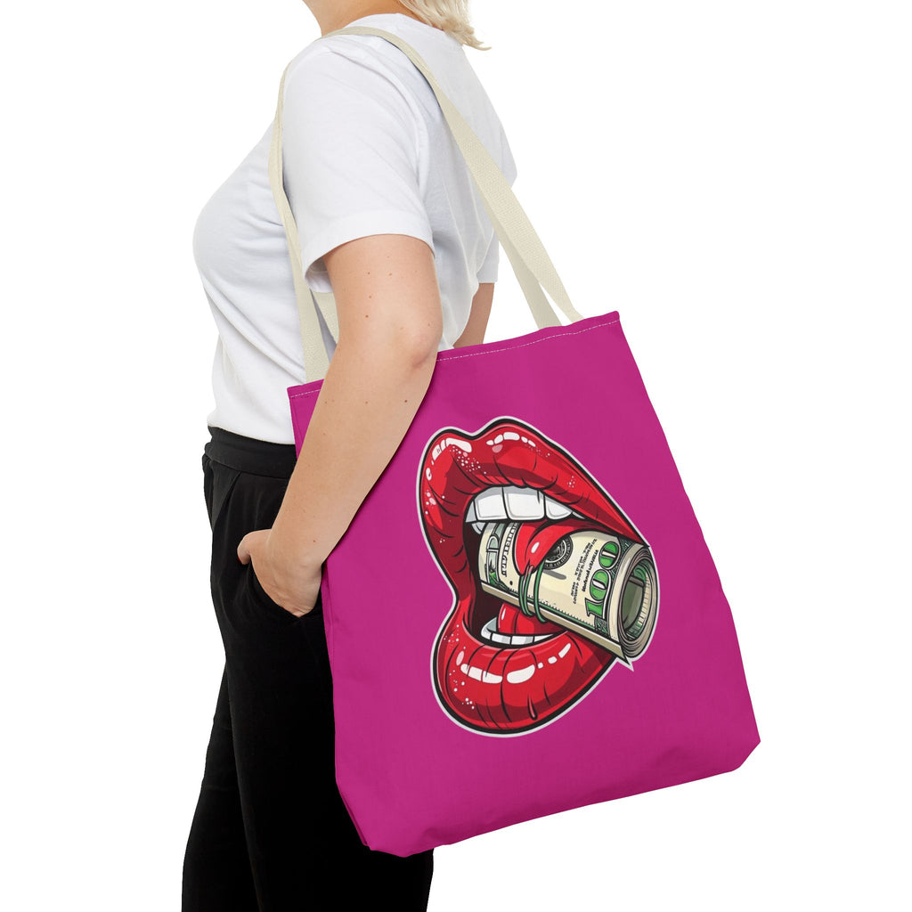 Pink Statement Tote Bag — Red Lips Holding Money Graphic