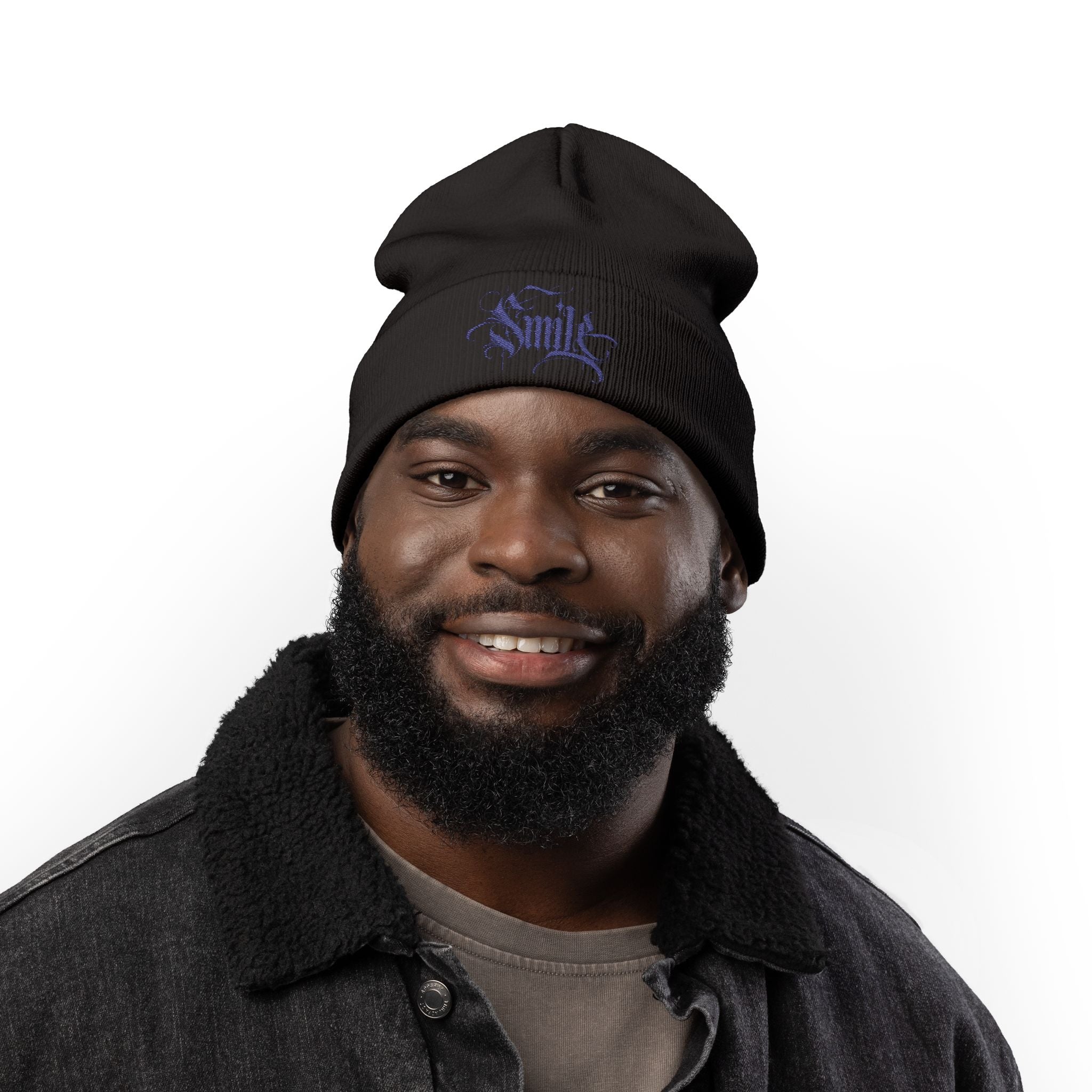 Embroidered 'Smile' Knit Beanie — Gothic Script Winter Hat