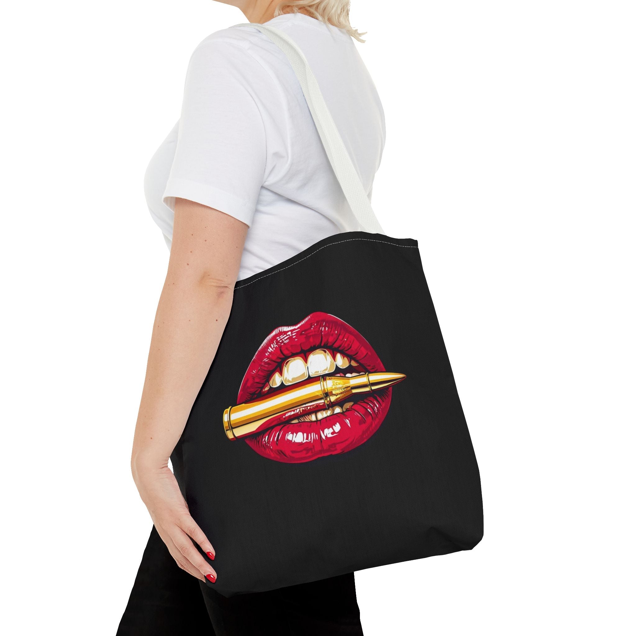 Bullet Bite Tote Bag – Edgy Red Lip Art Tote