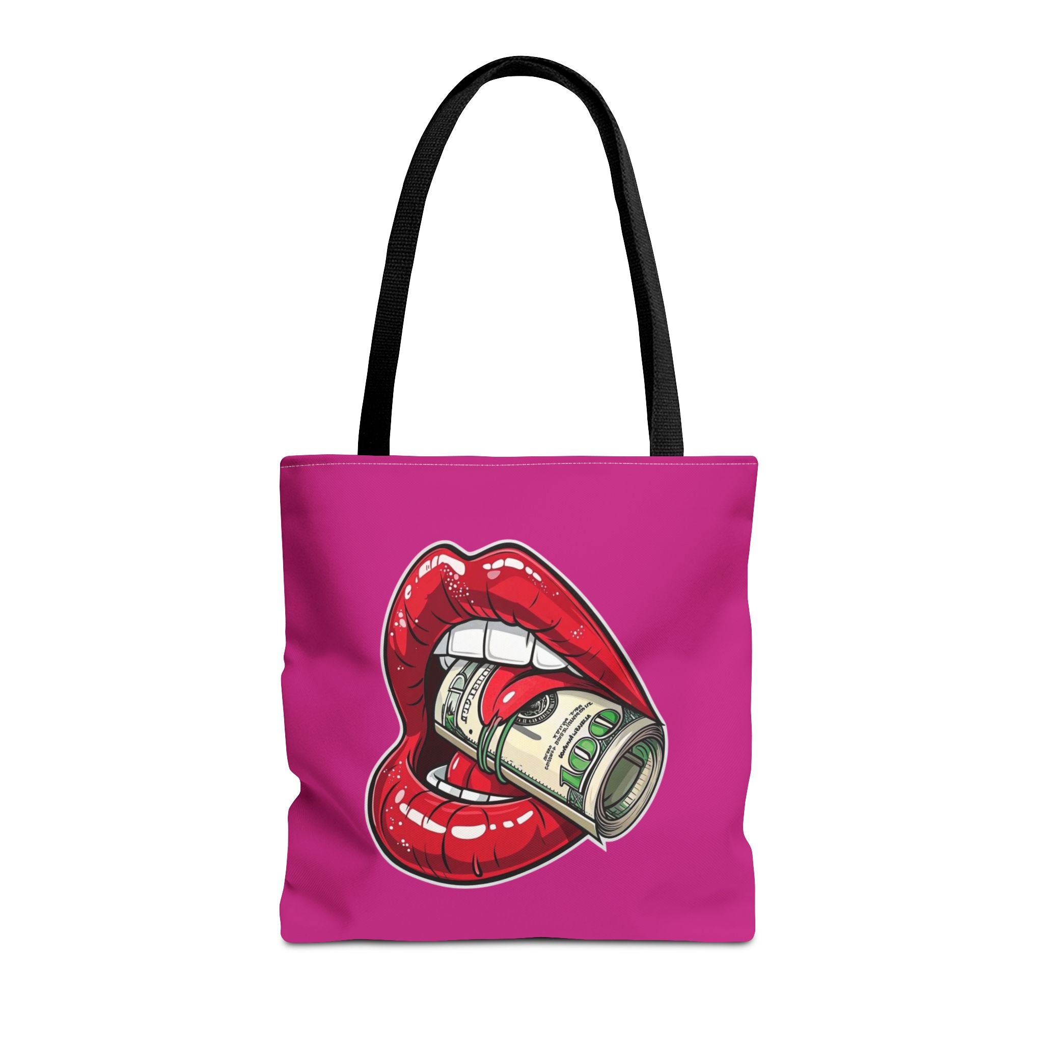 Pink Statement Tote Bag — Red Lips Holding Money Graphic