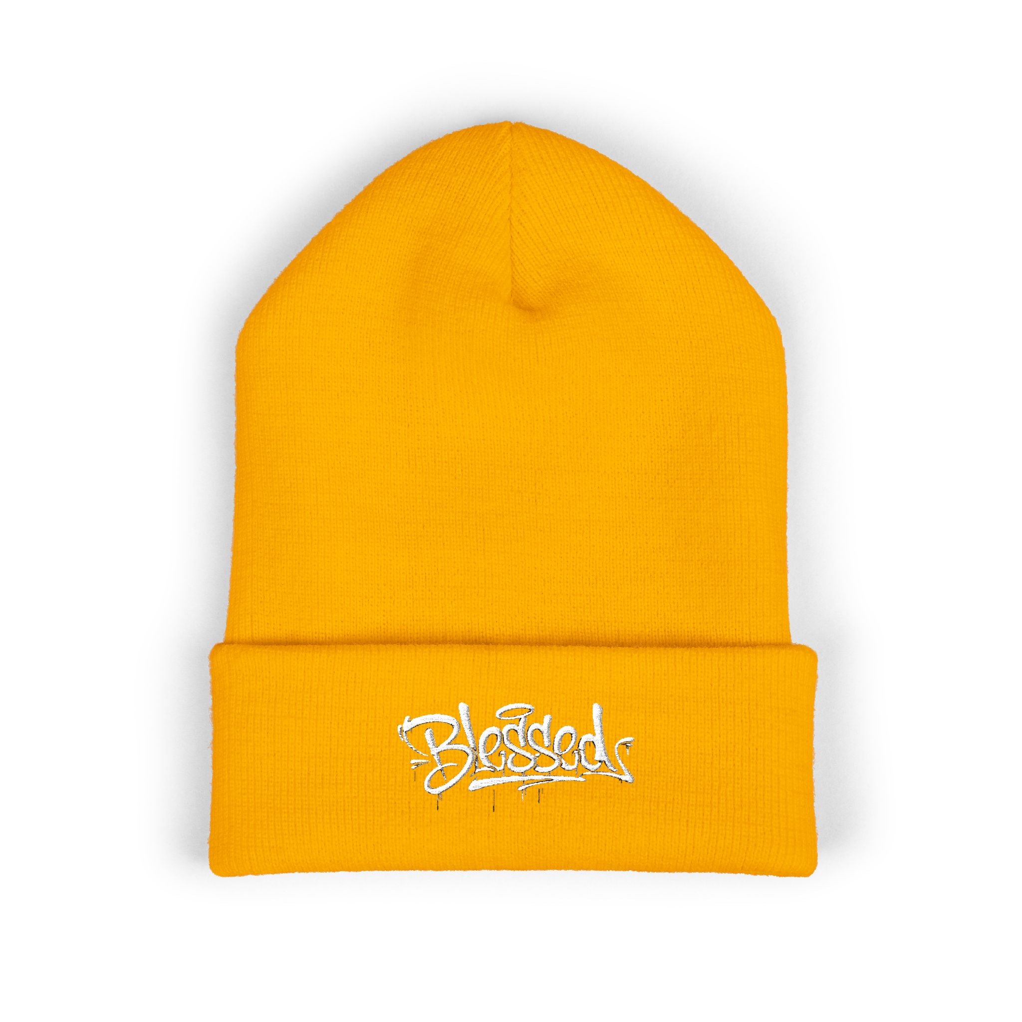 Embroidered "Skateish" Classic Cuffed Beanie — Yellow Knit Hat