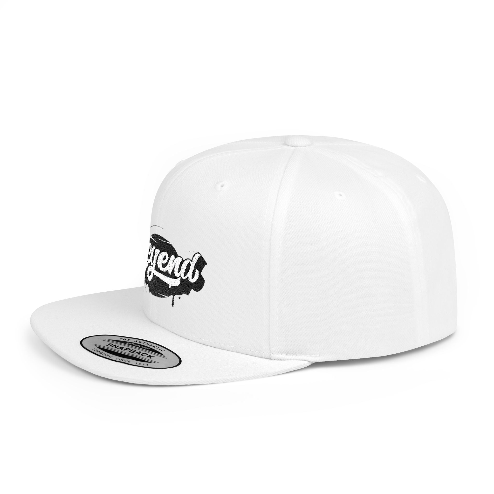 Legend Snapback Hat — White Flat-Bill Baseball Cap with Script Logo