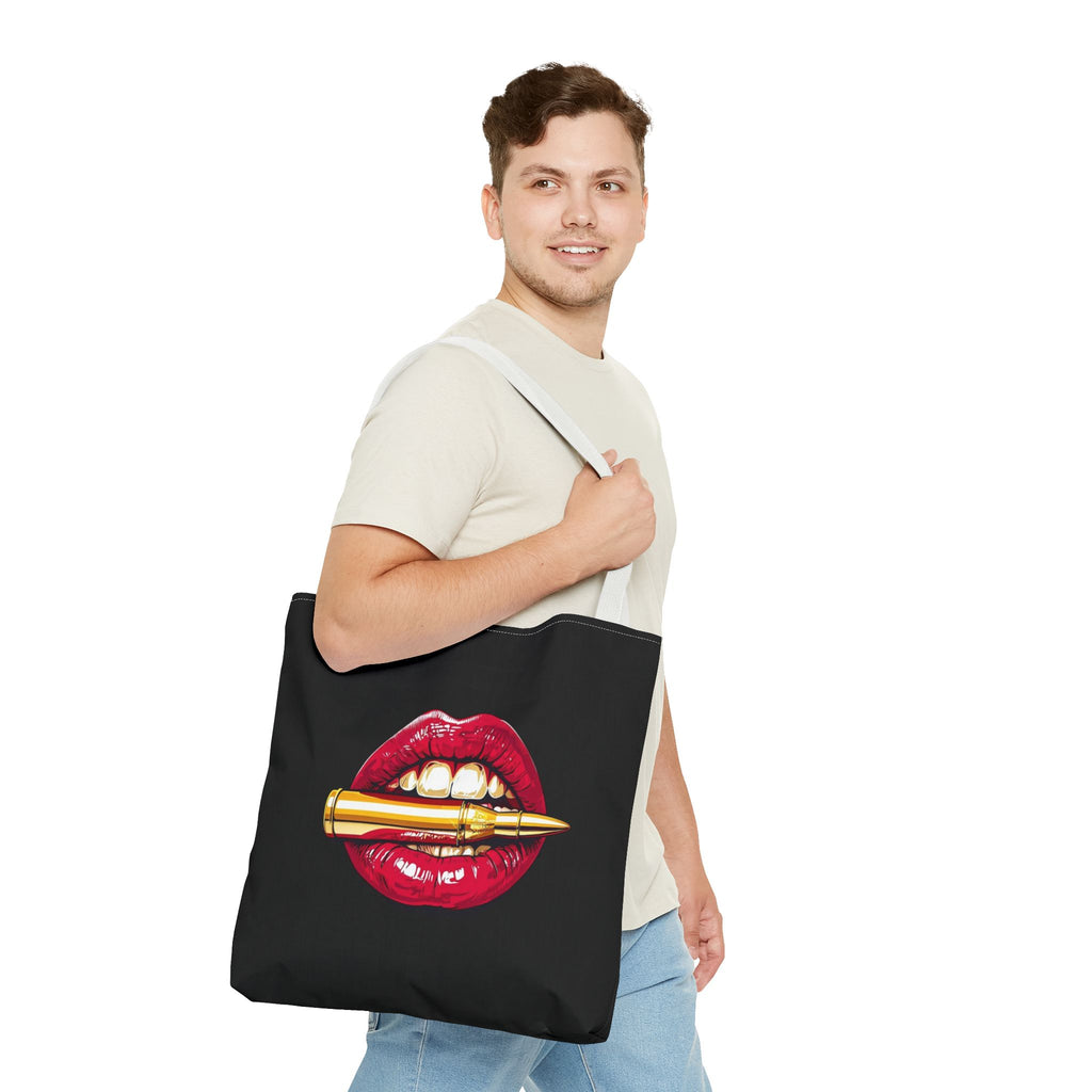 Bullet Bite Tote Bag – Edgy Red Lip Art Tote