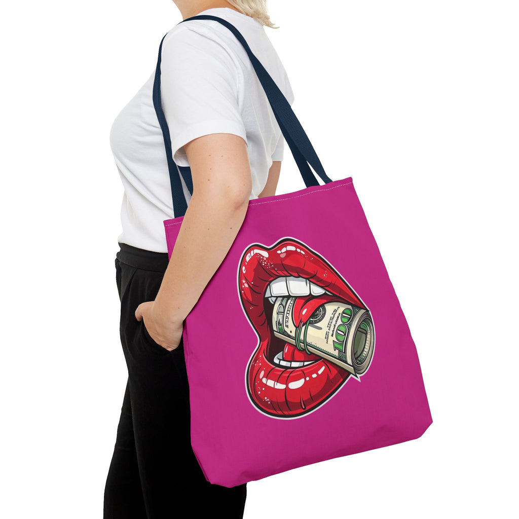Pink Statement Tote Bag — Red Lips Holding Money Graphic