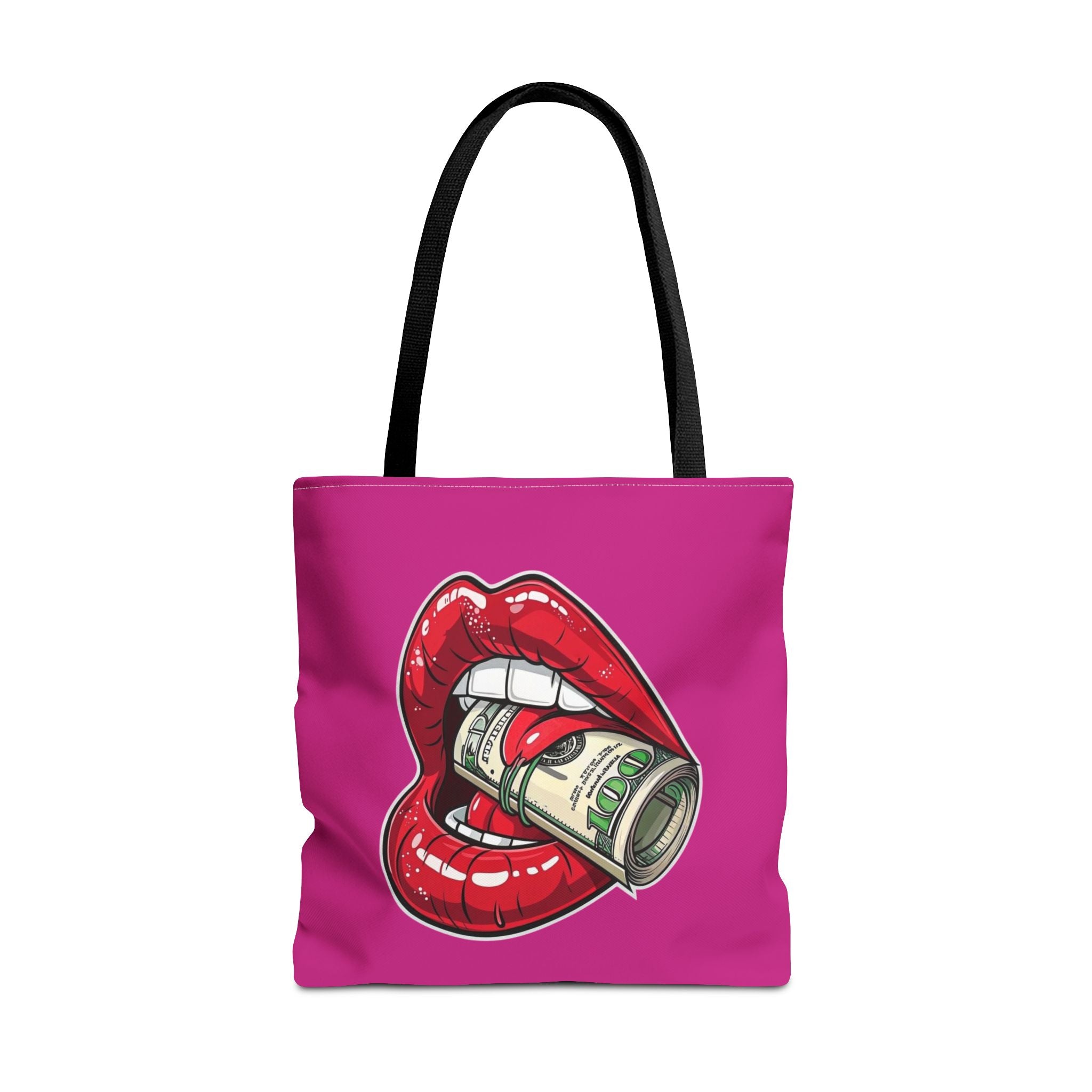 Pink Statement Tote Bag — Red Lips Holding Money Graphic