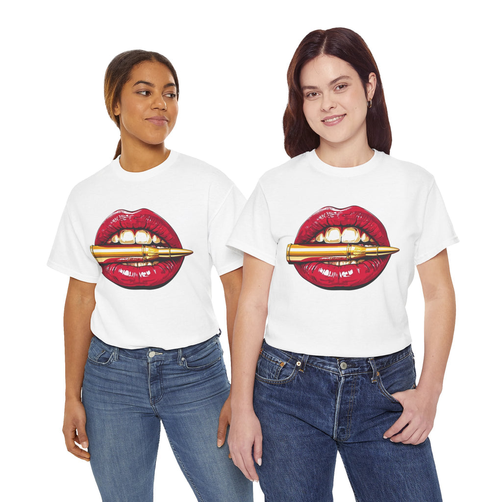Red Lips Holding Bullet T-Shirt | Edgy Tattoo Style, Graphic Tee