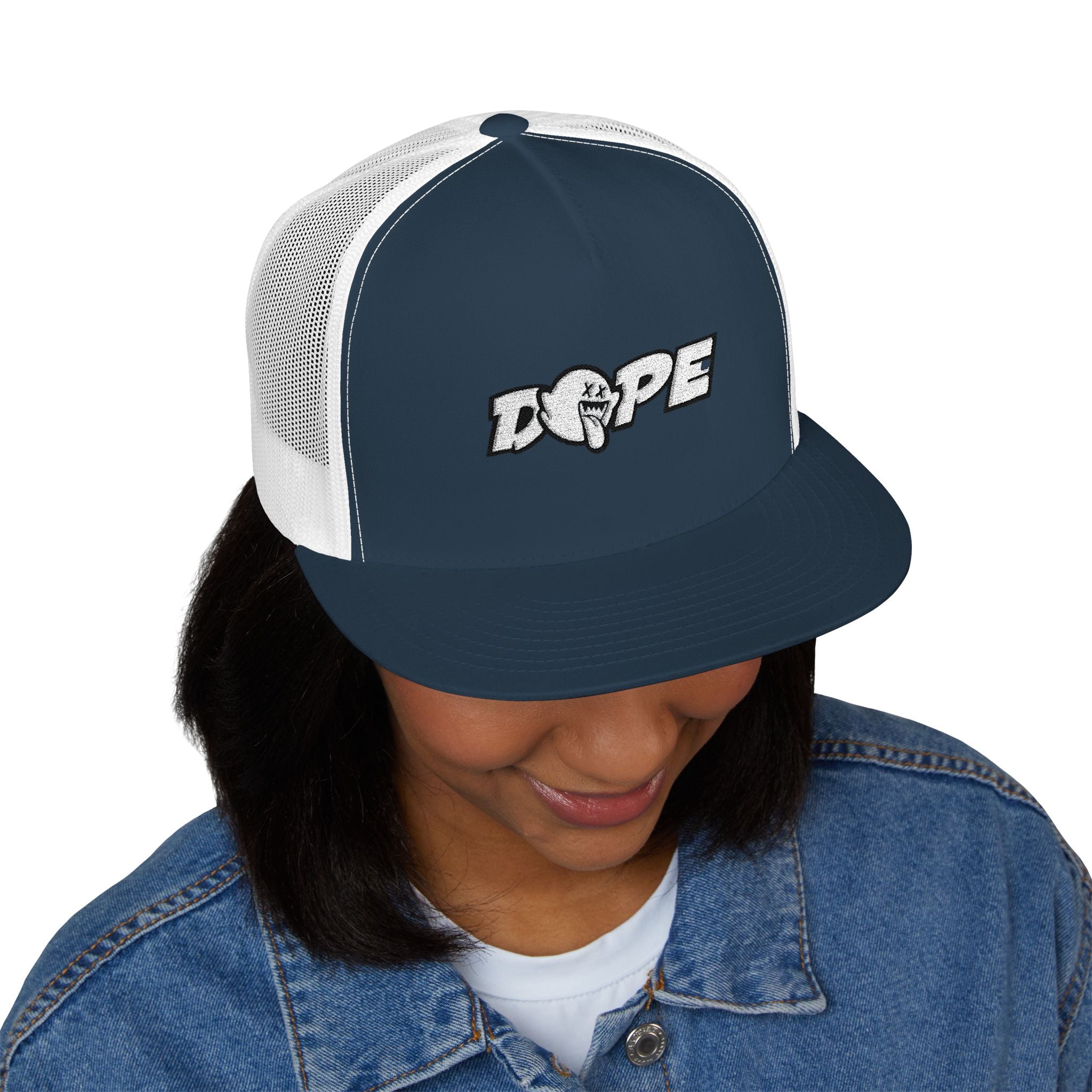 Dope Embroidered Trucker Cap — Retro Puff Lettering Mesh Hat