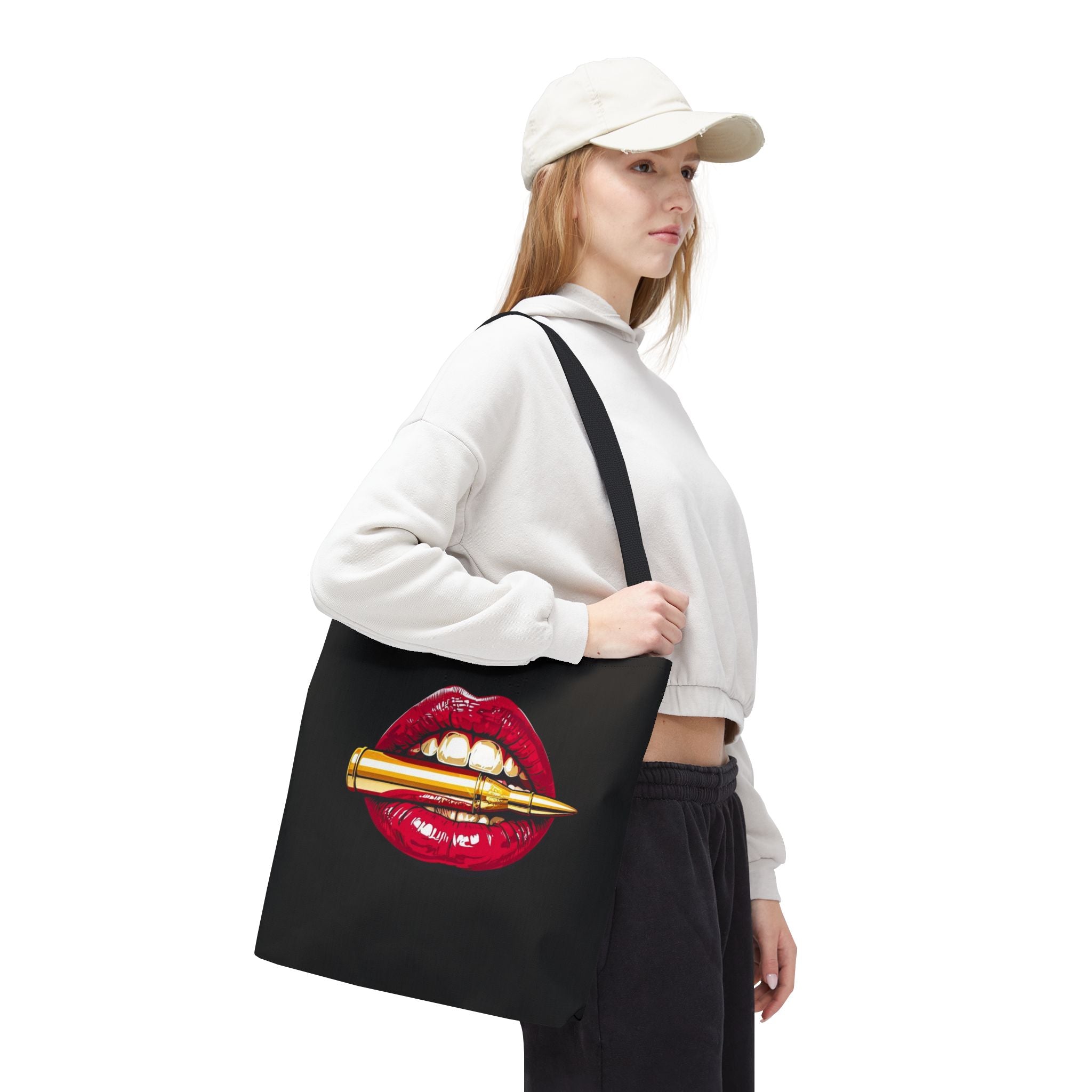 Bullet Bite Tote Bag – Edgy Red Lip Art Tote