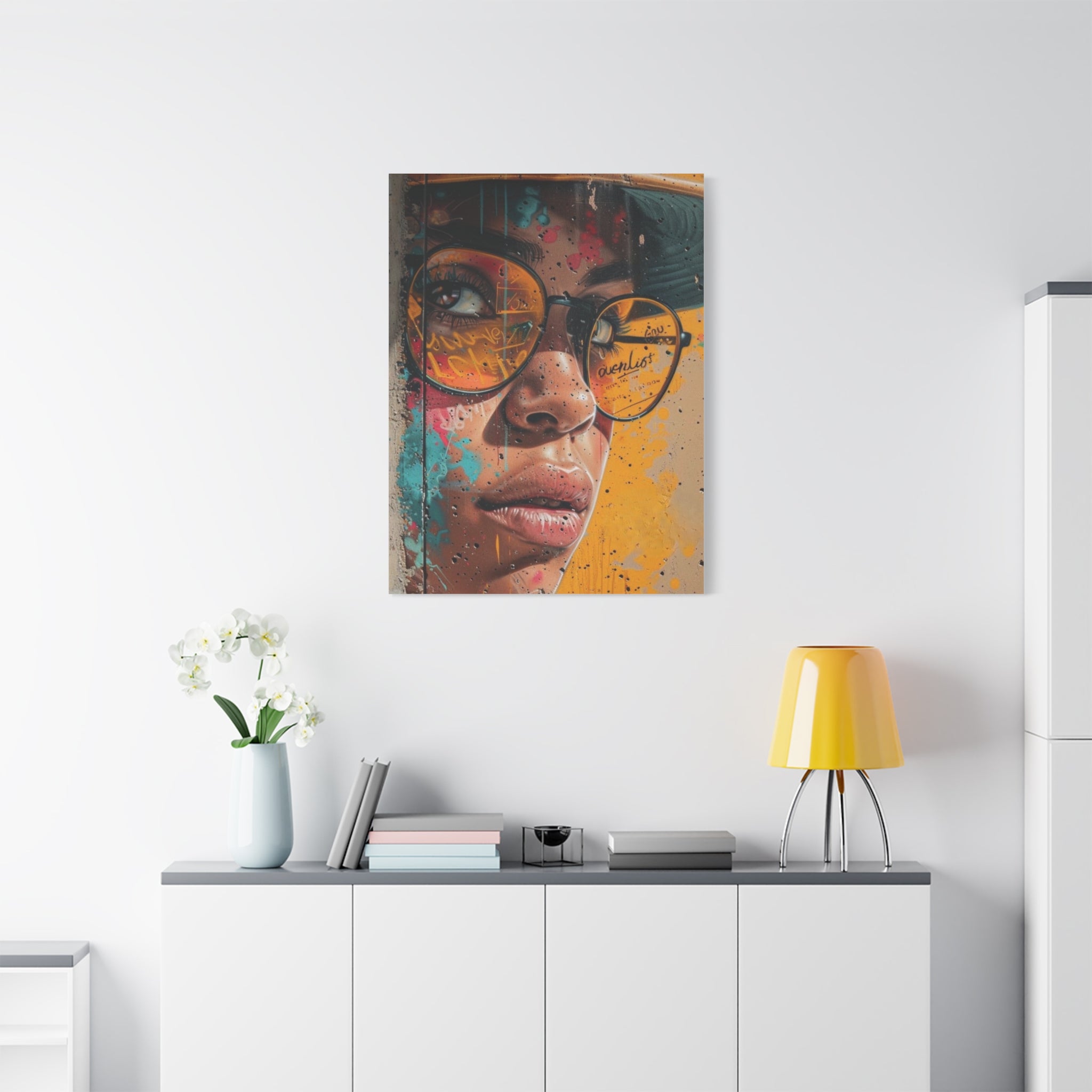 Portrait Canvas Print — Colorful Urban Woman with Glasses Matte Stretched Wall Art