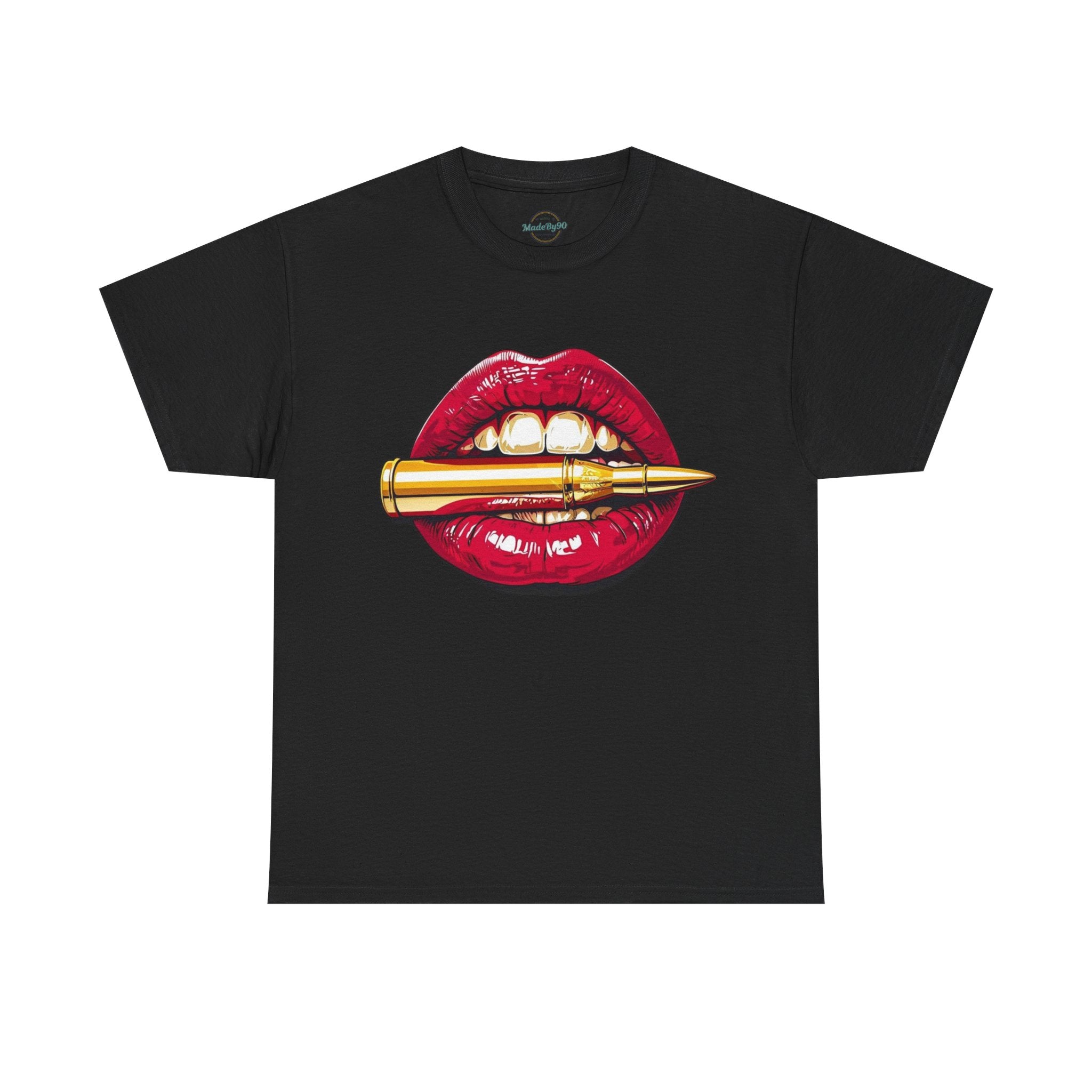 Red Lips Holding Bullet T-Shirt | Edgy Tattoo Style, Graphic Tee
