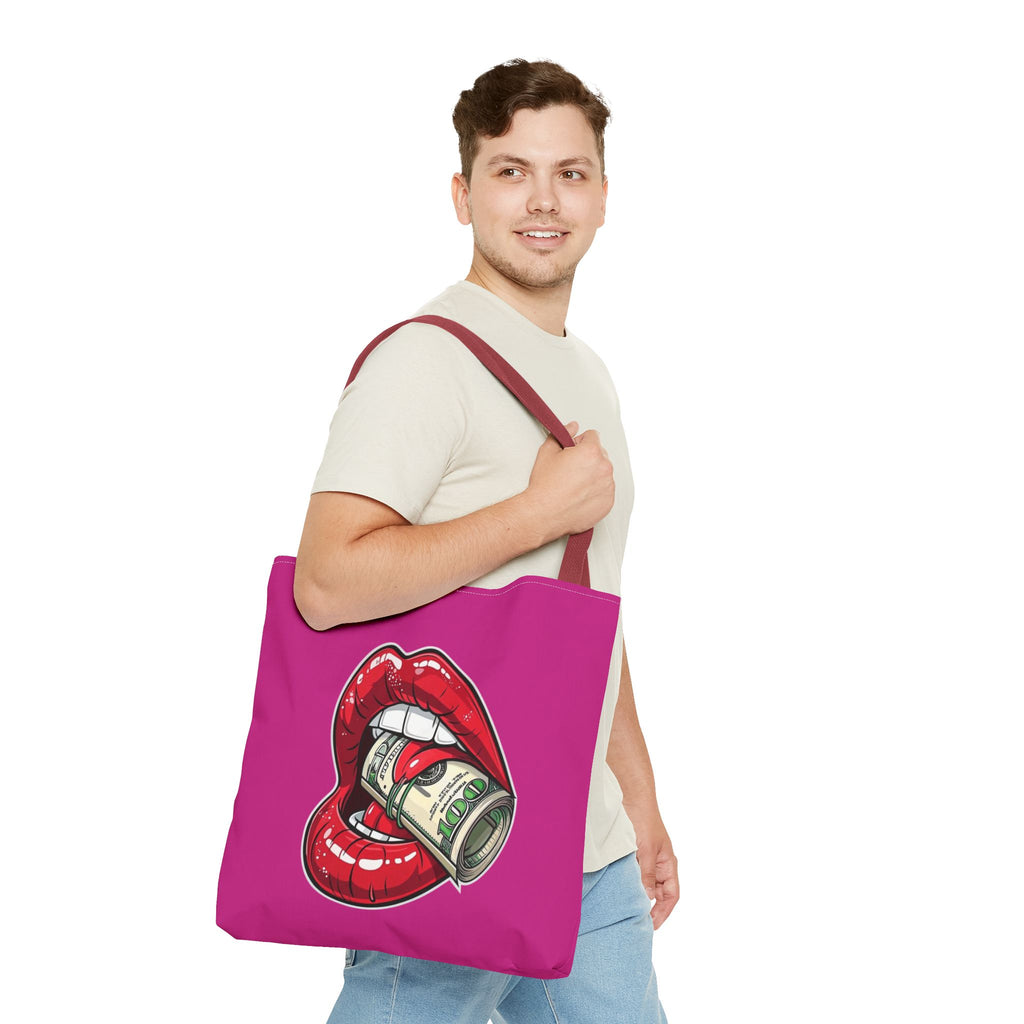 Pink Statement Tote Bag — Red Lips Holding Money Graphic