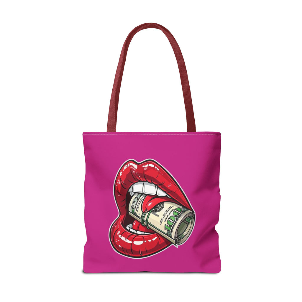 Pink Statement Tote Bag — Red Lips Holding Money Graphic