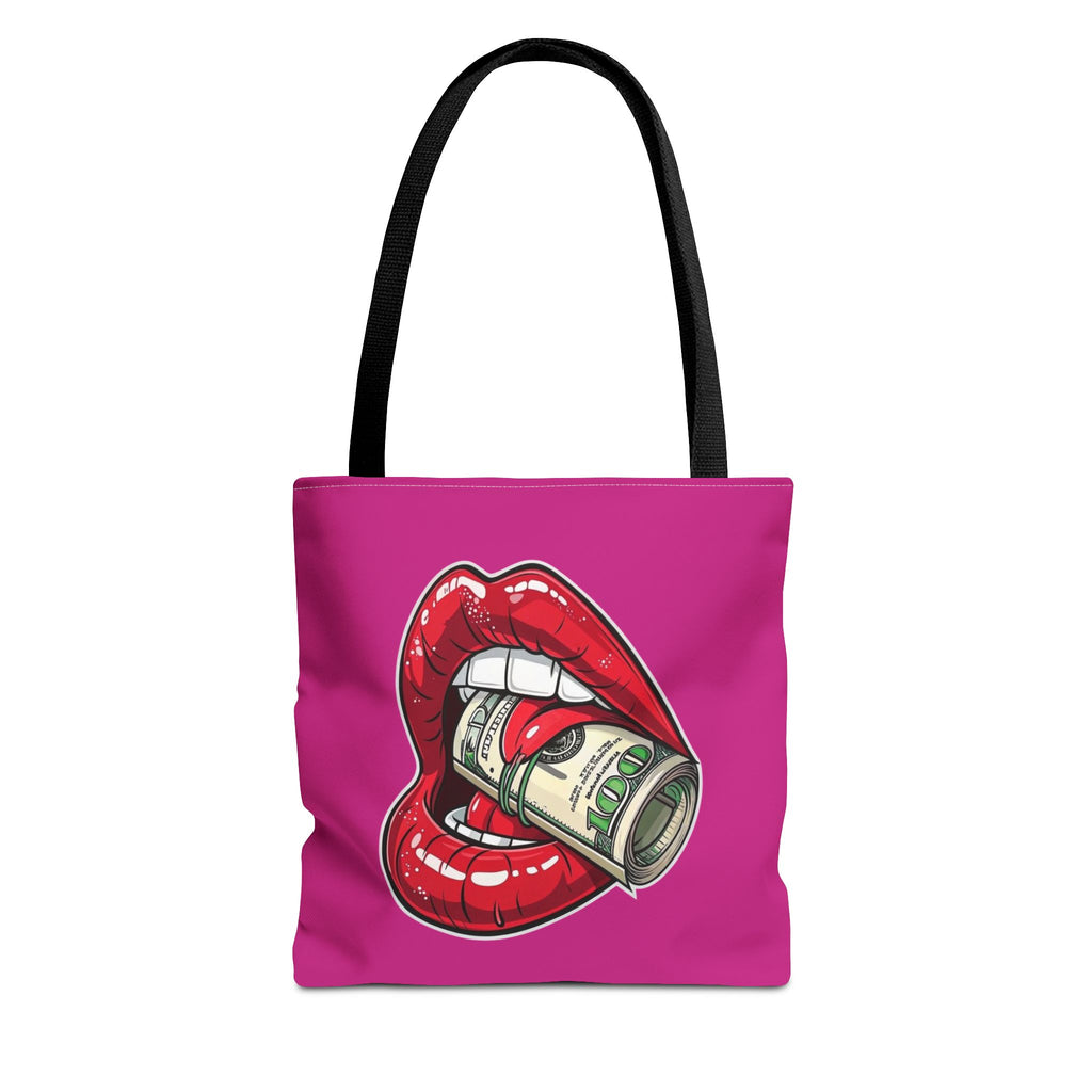 Pink Statement Tote Bag — Red Lips Holding Money Graphic
