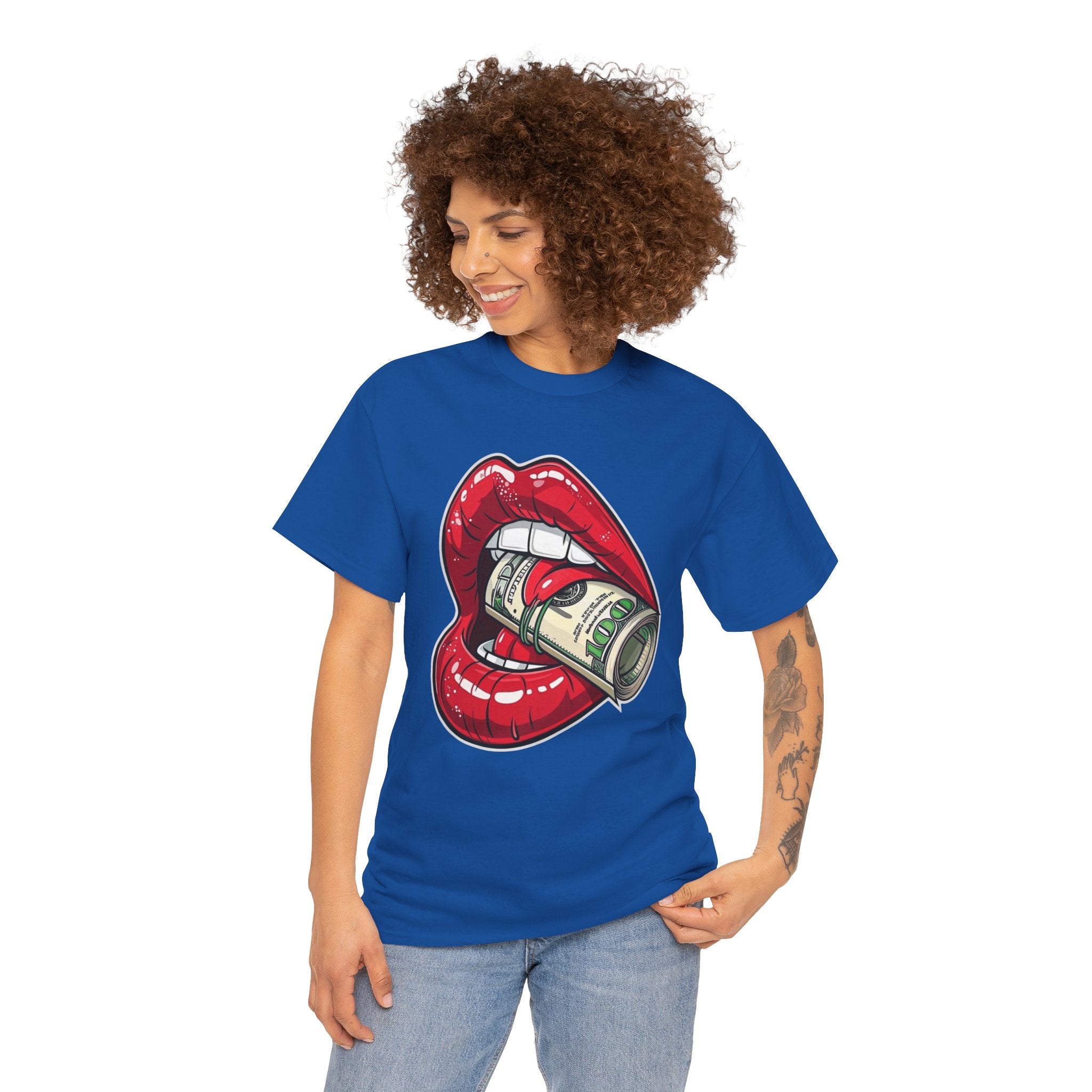 Red Glossy Lips with Rolled Dollar Tee | Money Mouth Graphic Shirt