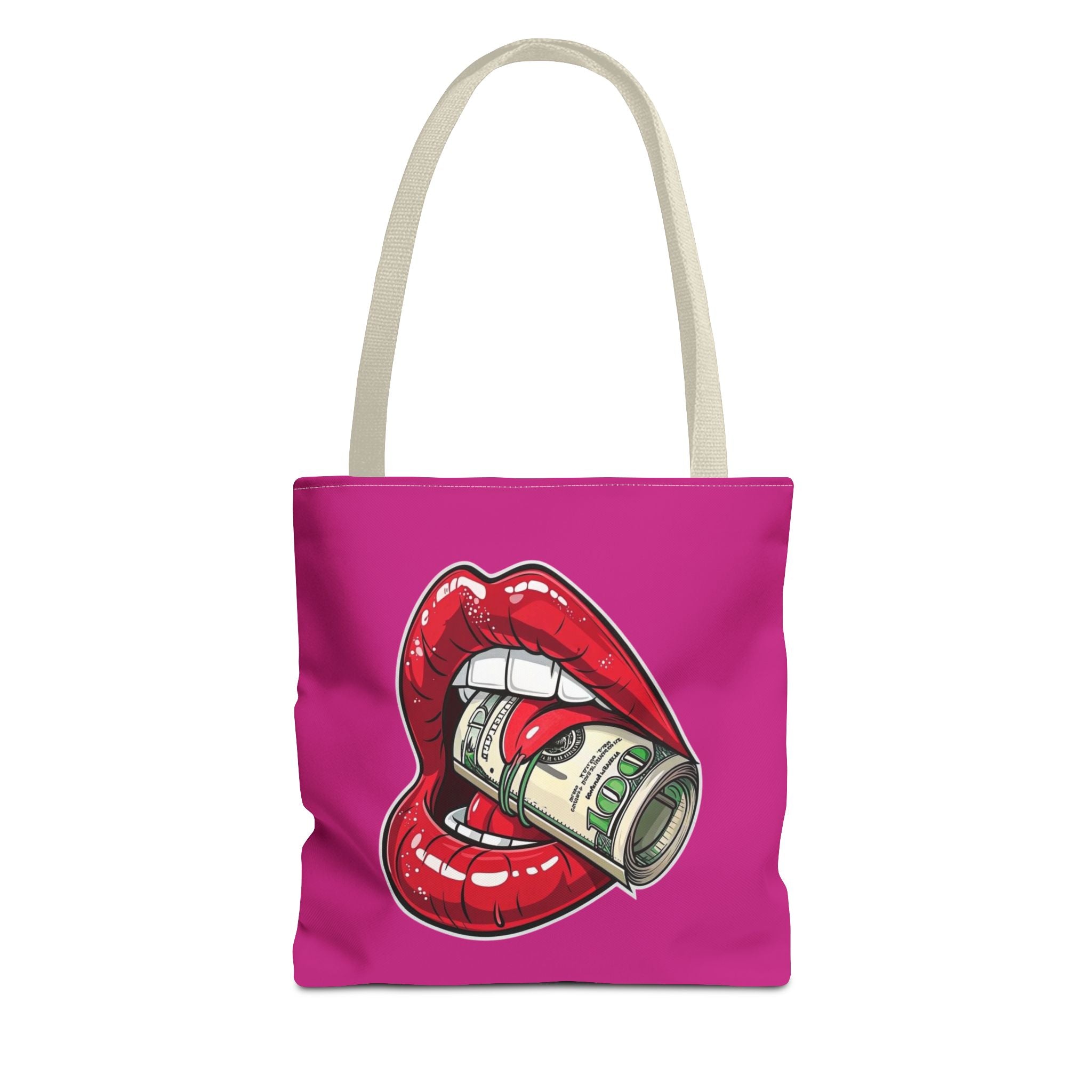 Pink Statement Tote Bag — Red Lips Holding Money Graphic