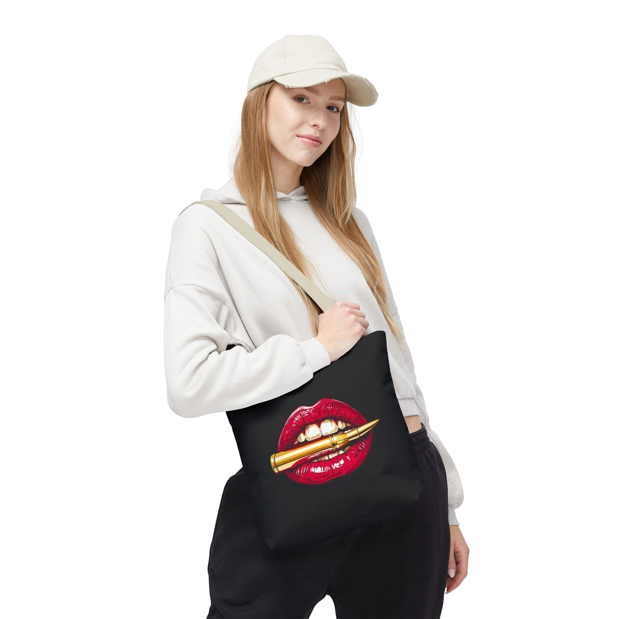 Bullet Bite Tote Bag – Edgy Red Lip Art Tote