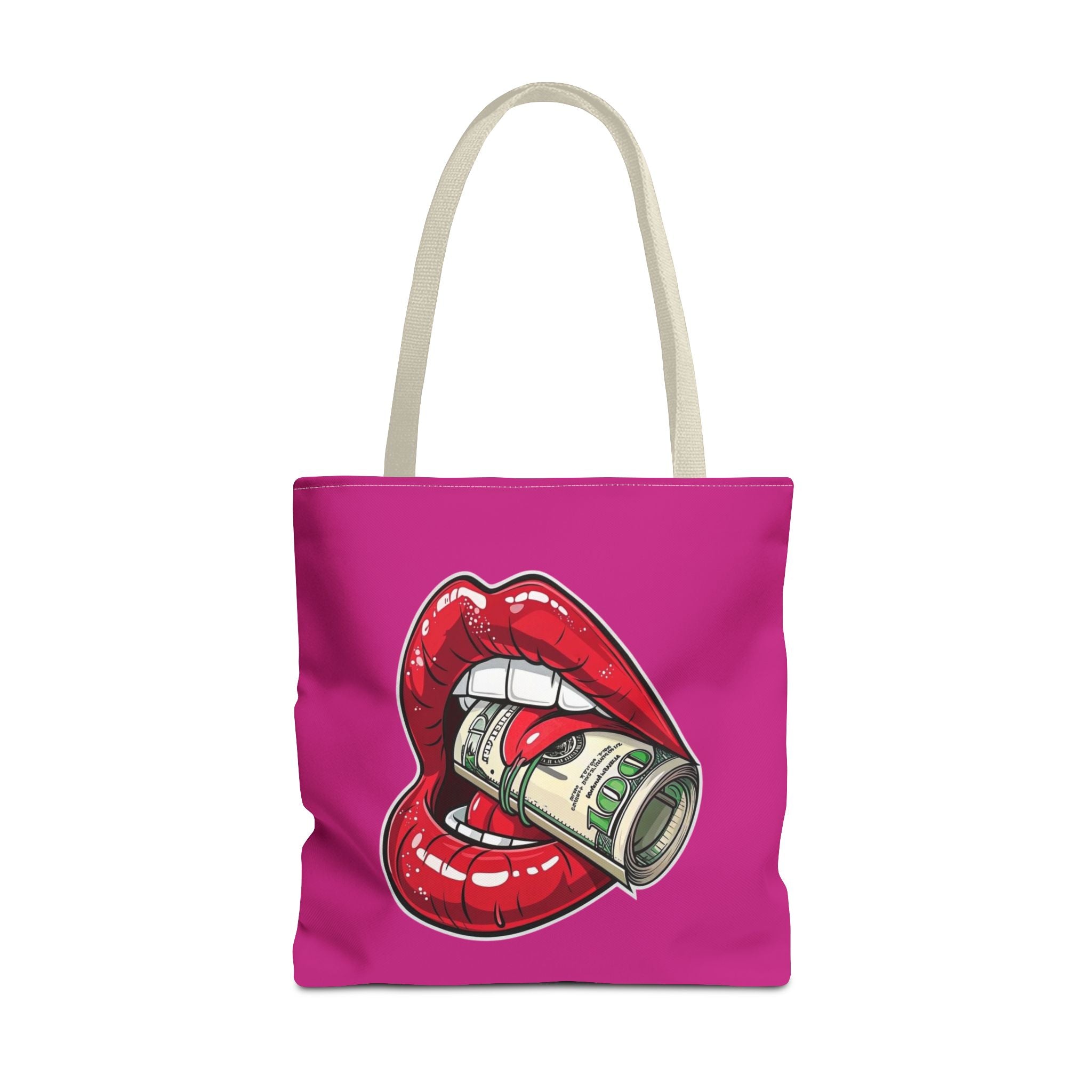 Pink Statement Tote Bag — Red Lips Holding Money Graphic