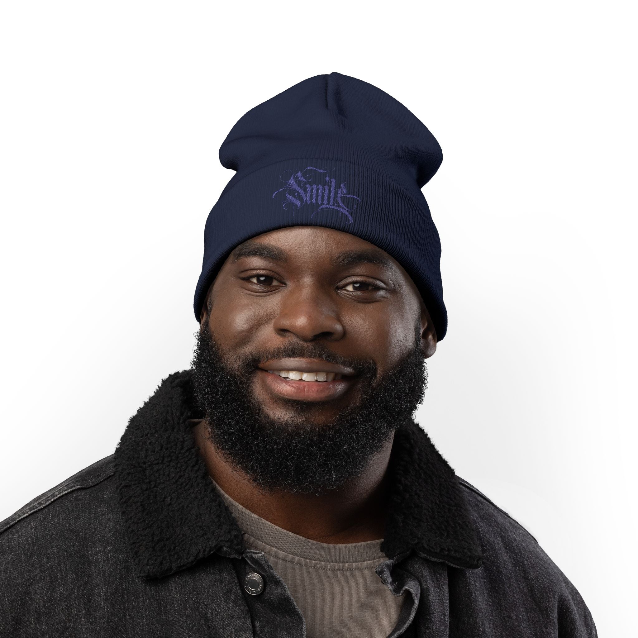 Embroidered 'Smile' Knit Beanie — Gothic Script Winter Hat