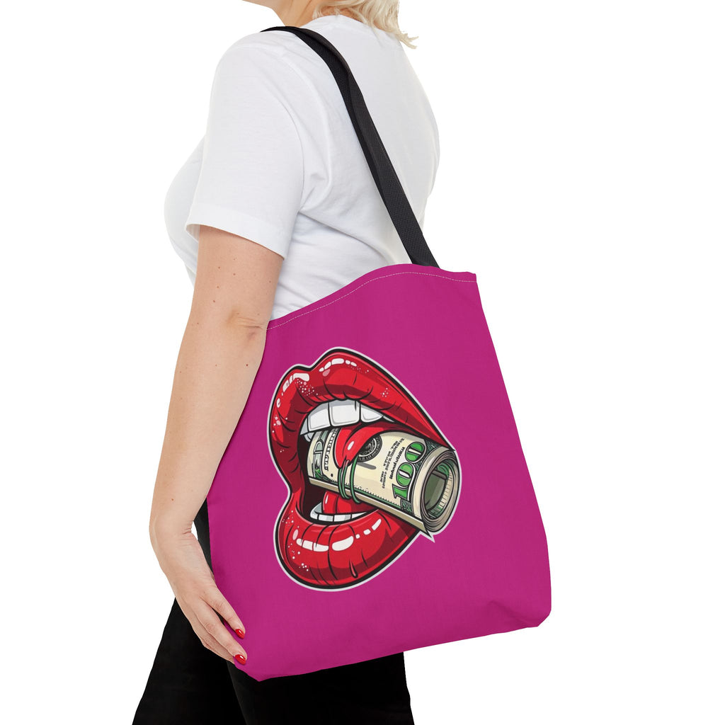 Pink Statement Tote Bag — Red Lips Holding Money Graphic