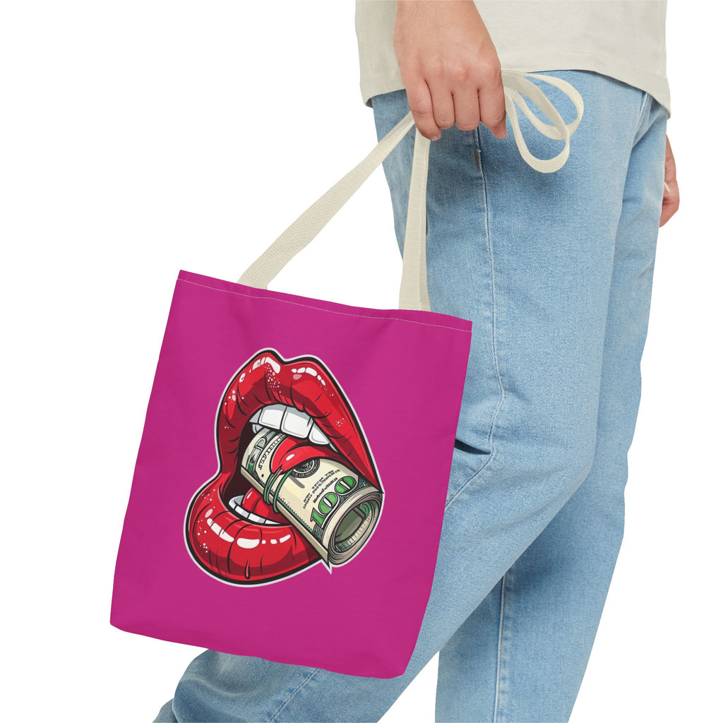 Pink Statement Tote Bag — Red Lips Holding Money Graphic