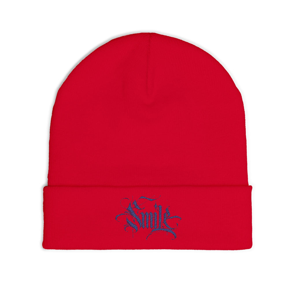 Embroidered 'Smile' Knit Beanie — Gothic Script Winter Hat