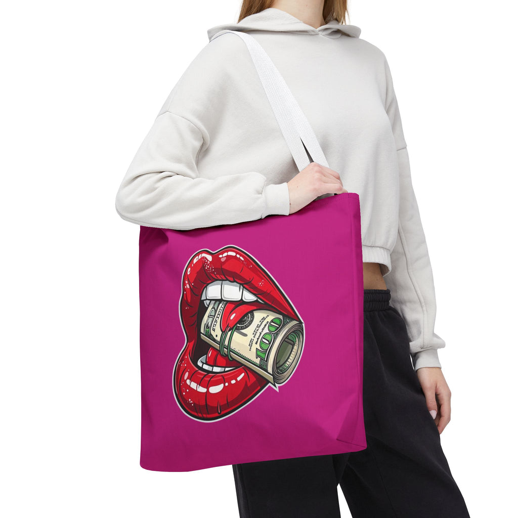 Pink Statement Tote Bag — Red Lips Holding Money Graphic