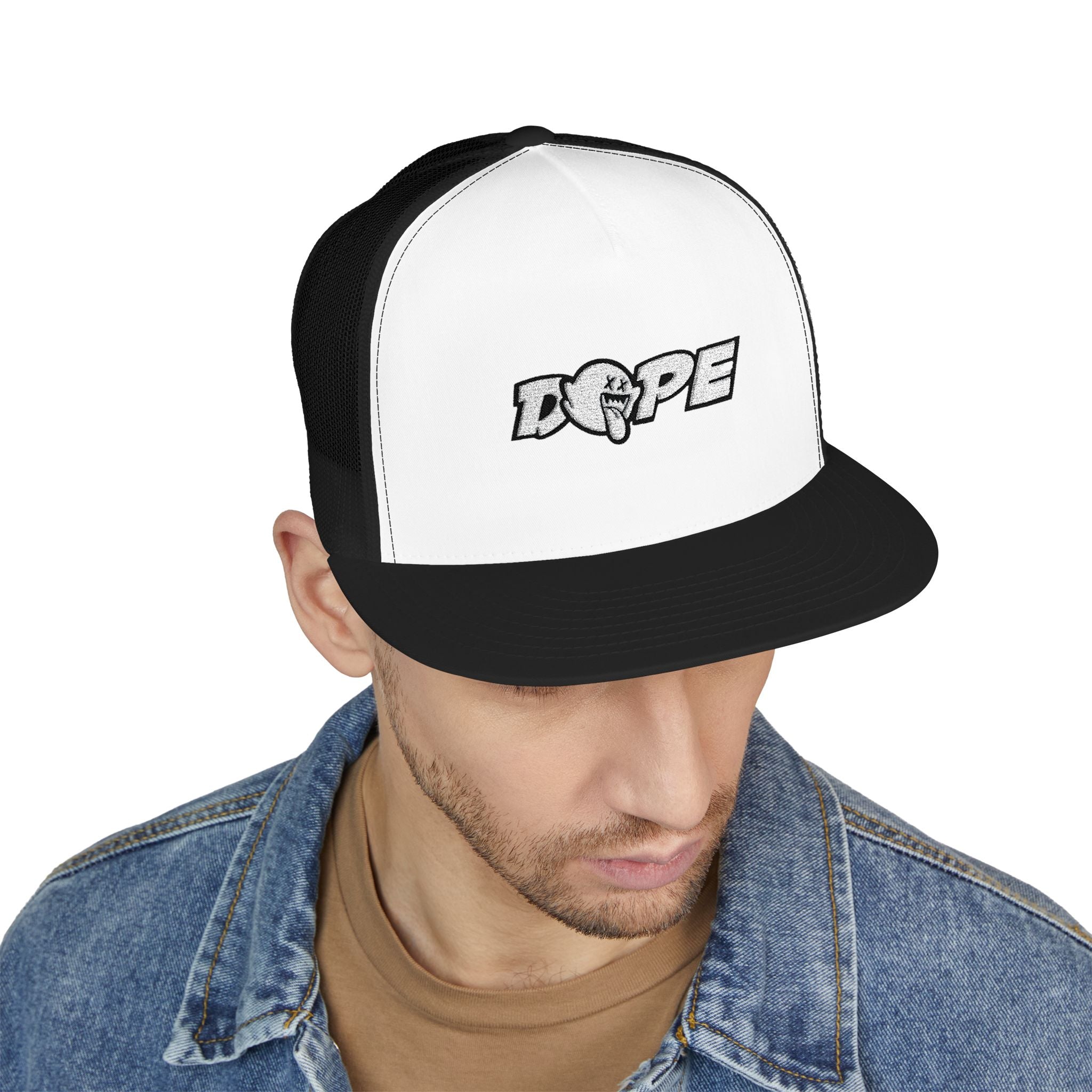 Dope Embroidered Trucker Cap — Retro Puff Lettering Mesh Hat