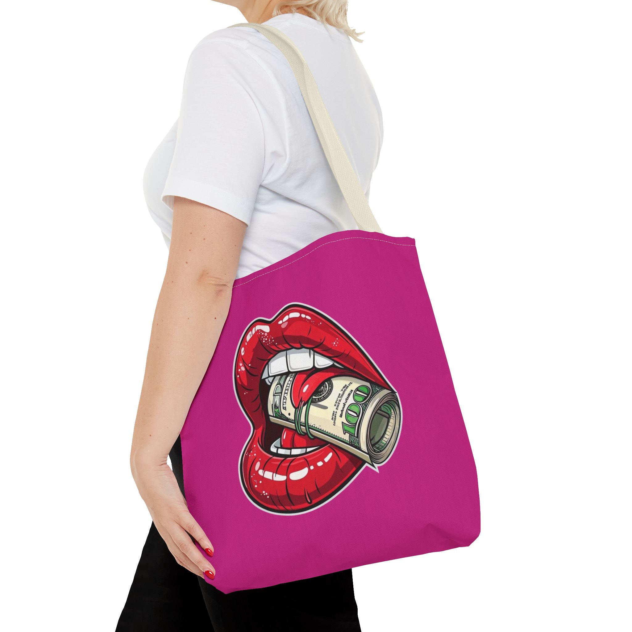 Pink Statement Tote Bag — Red Lips Holding Money Graphic