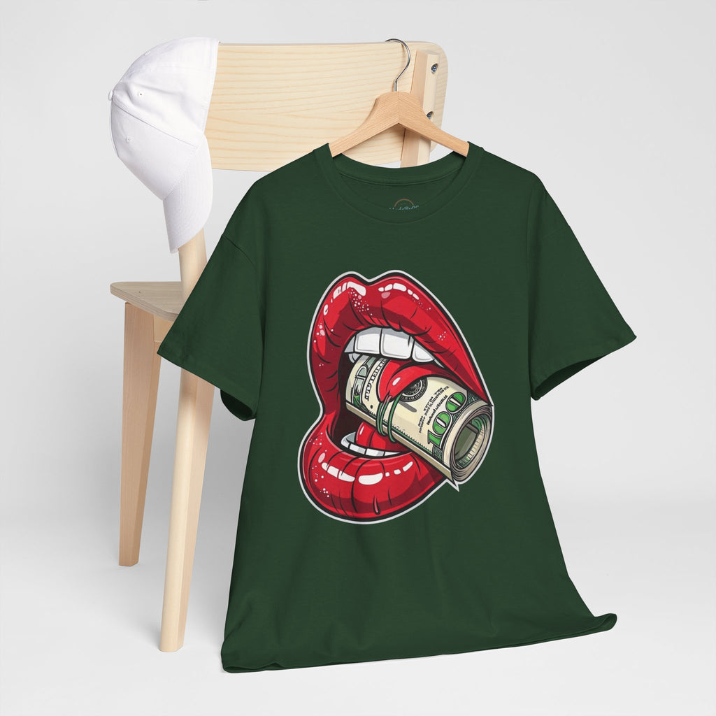 Red Glossy Lips with Rolled Dollar Tee | Money Mouth Graphic Shirt