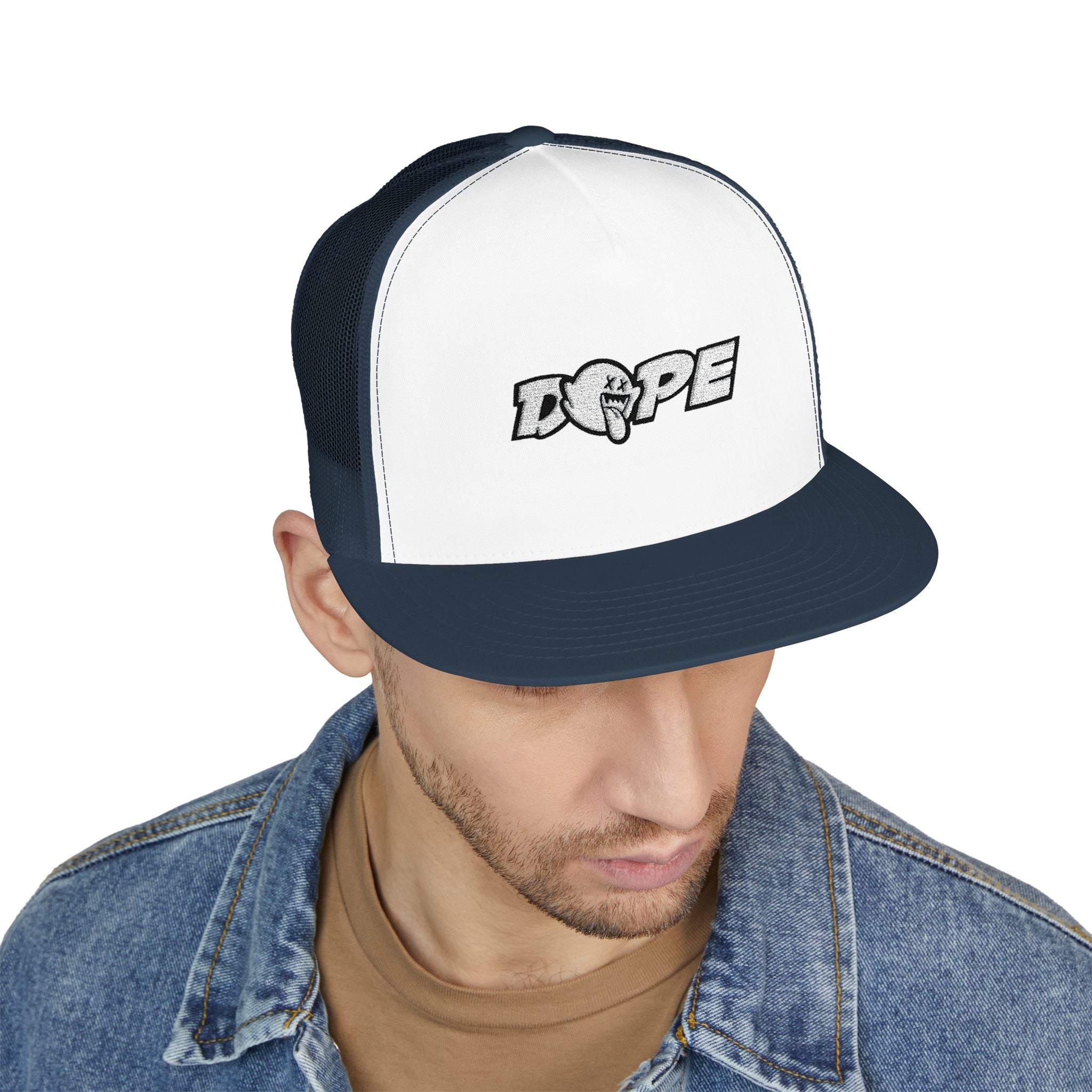 Dope Embroidered Trucker Cap — Retro Puff Lettering Mesh Hat