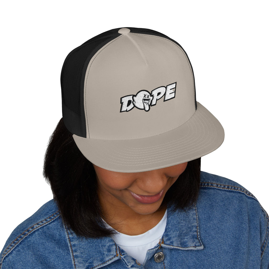 Dope Embroidered Trucker Cap — Retro Puff Lettering Mesh Hat