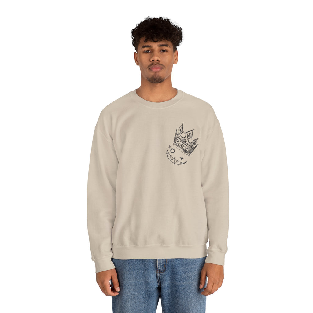 Crowned Grin Crewneck Sweatshirt — Sketch Crown Smile Graphic