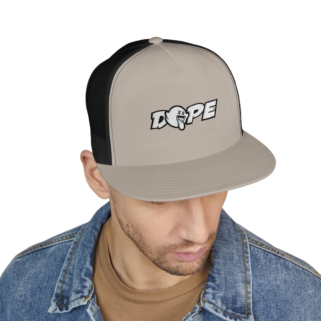 Dope Embroidered Trucker Cap — Retro Puff Lettering Mesh Hat