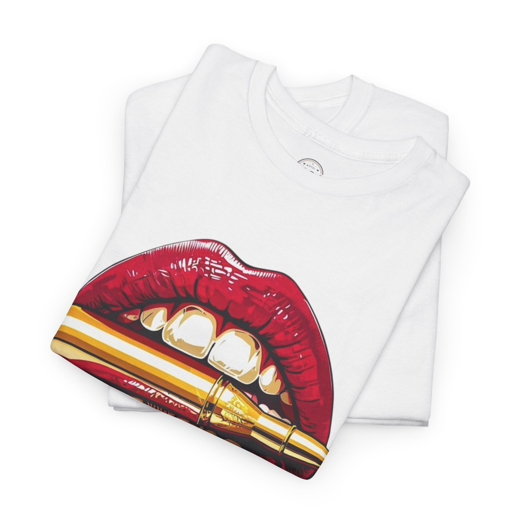 Red Lips Holding Bullet T-Shirt | Edgy Tattoo Style, Graphic Tee