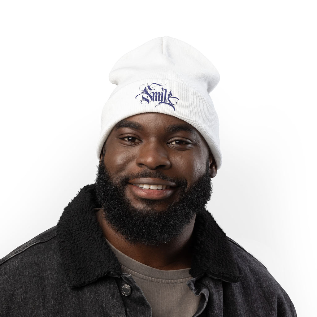 Embroidered 'Smile' Knit Beanie — Gothic Script Winter Hat