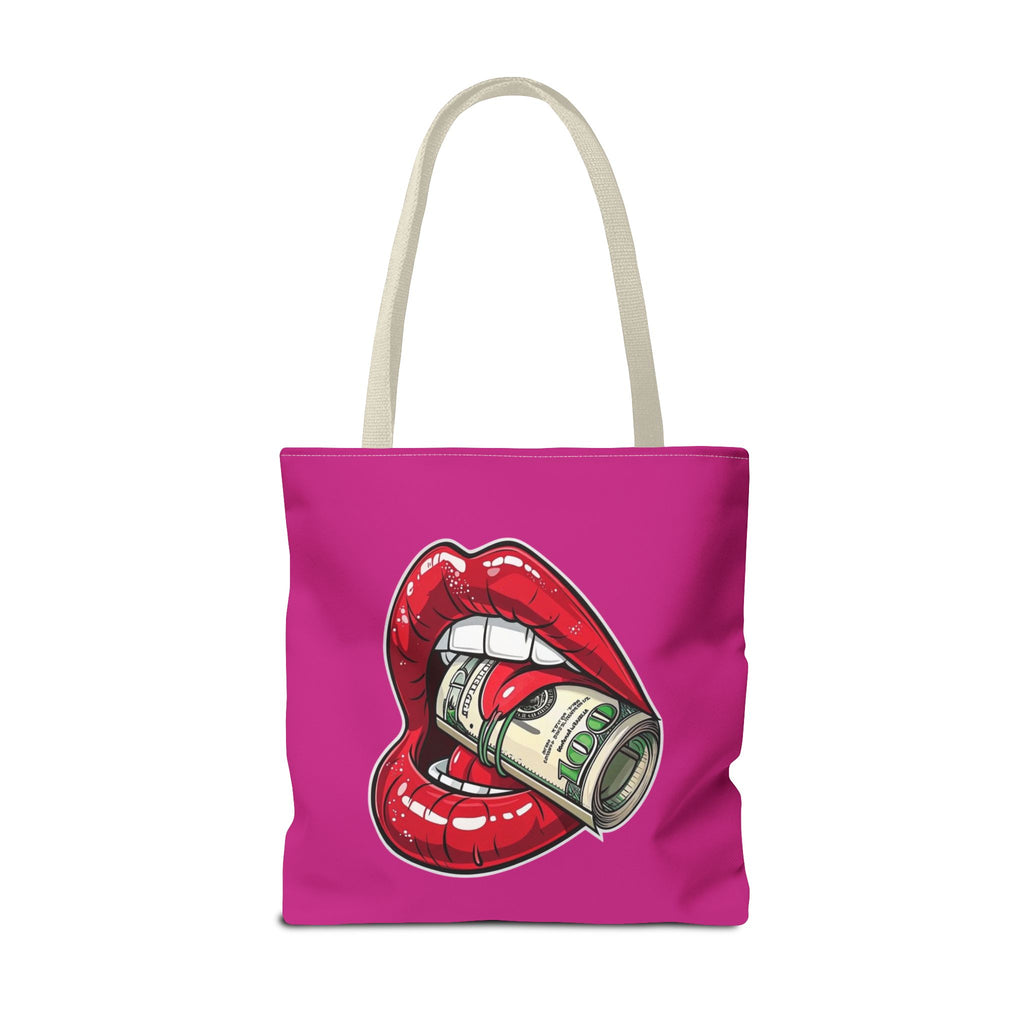 Pink Statement Tote Bag — Red Lips Holding Money Graphic