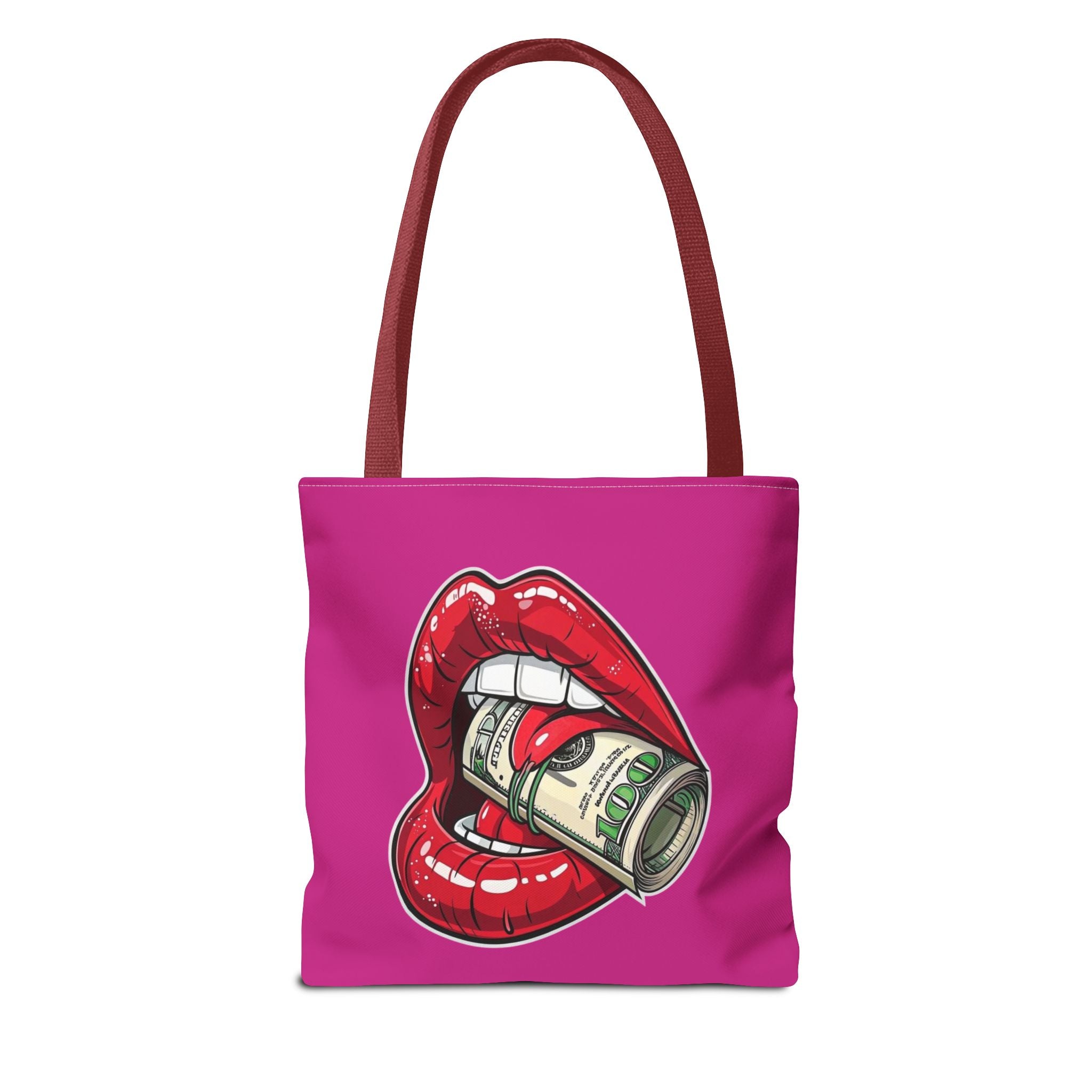 Pink Statement Tote Bag — Red Lips Holding Money Graphic