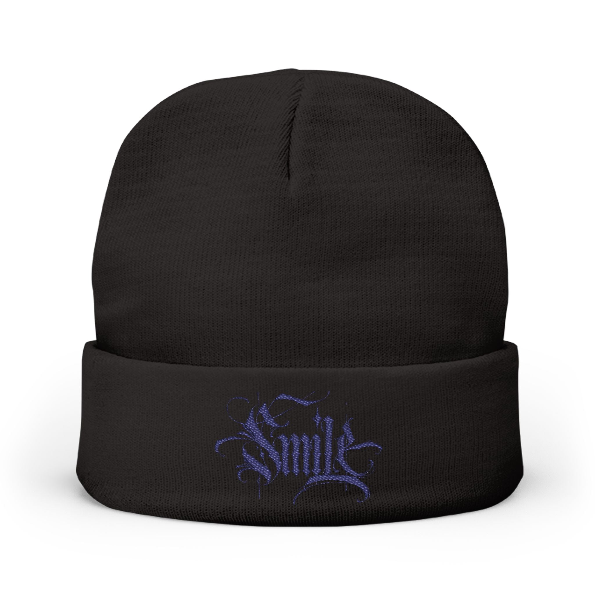 Embroidered 'Smile' Knit Beanie — Gothic Script Winter Hat