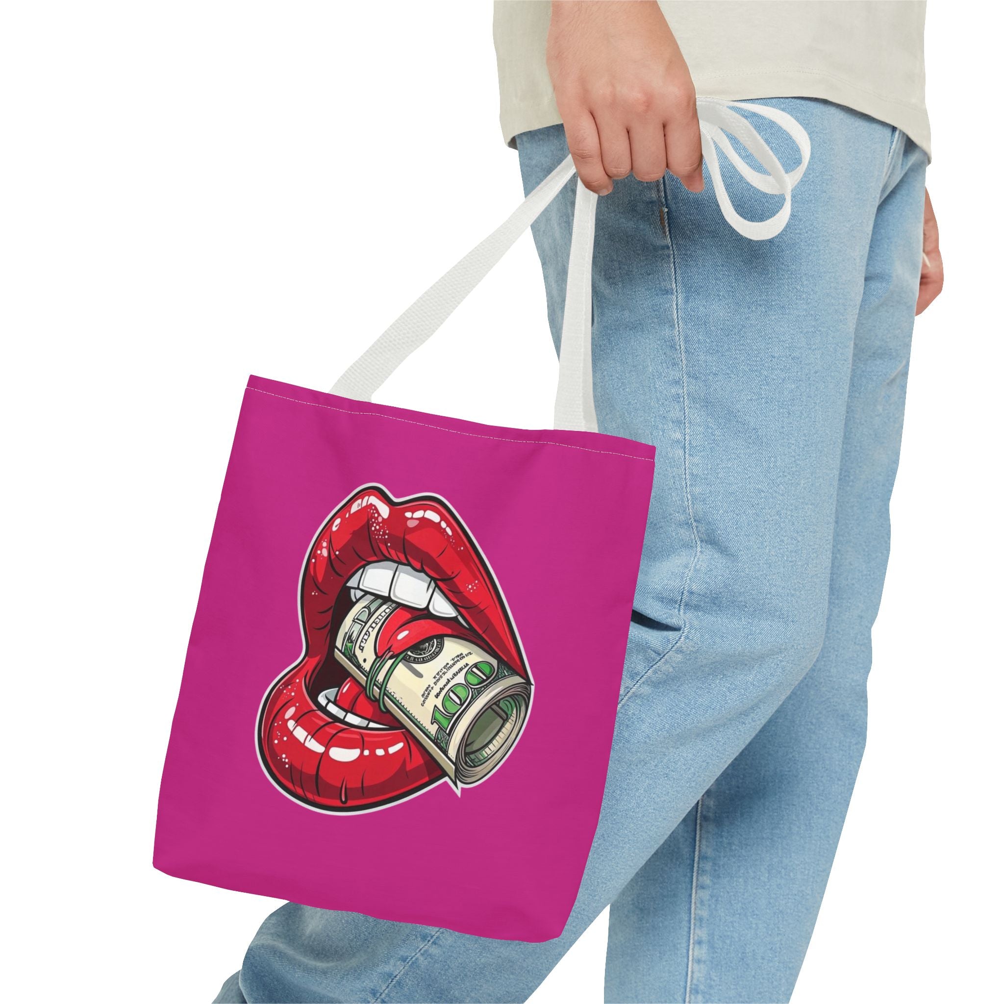 Pink Statement Tote Bag — Red Lips Holding Money Graphic