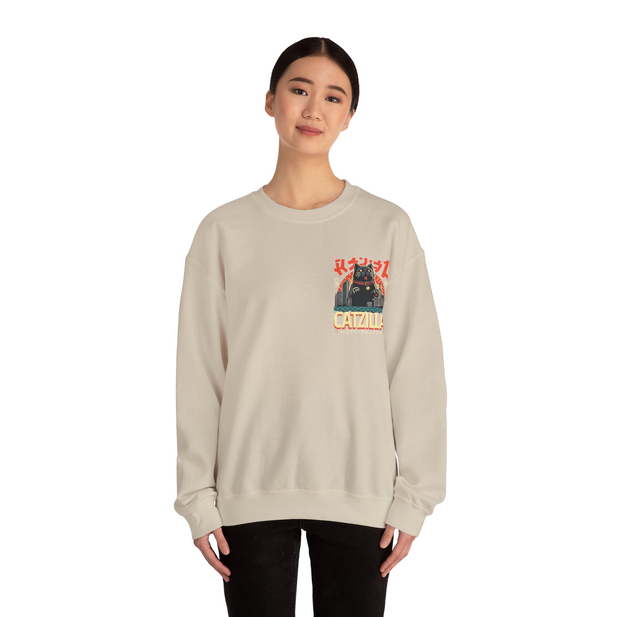 Catzilla Crewneck Sweatshirt — Retro Maneki-Neko Monster Graphic