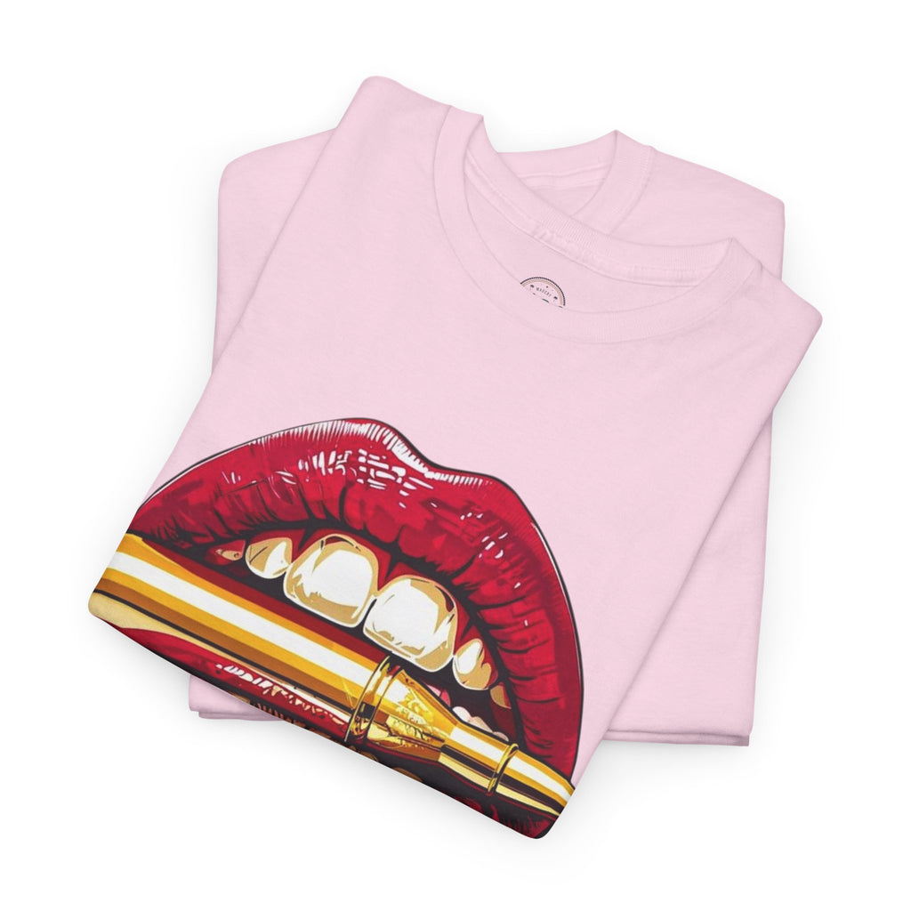Red Lips Holding Bullet T-Shirt | Edgy Tattoo Style, Graphic Tee