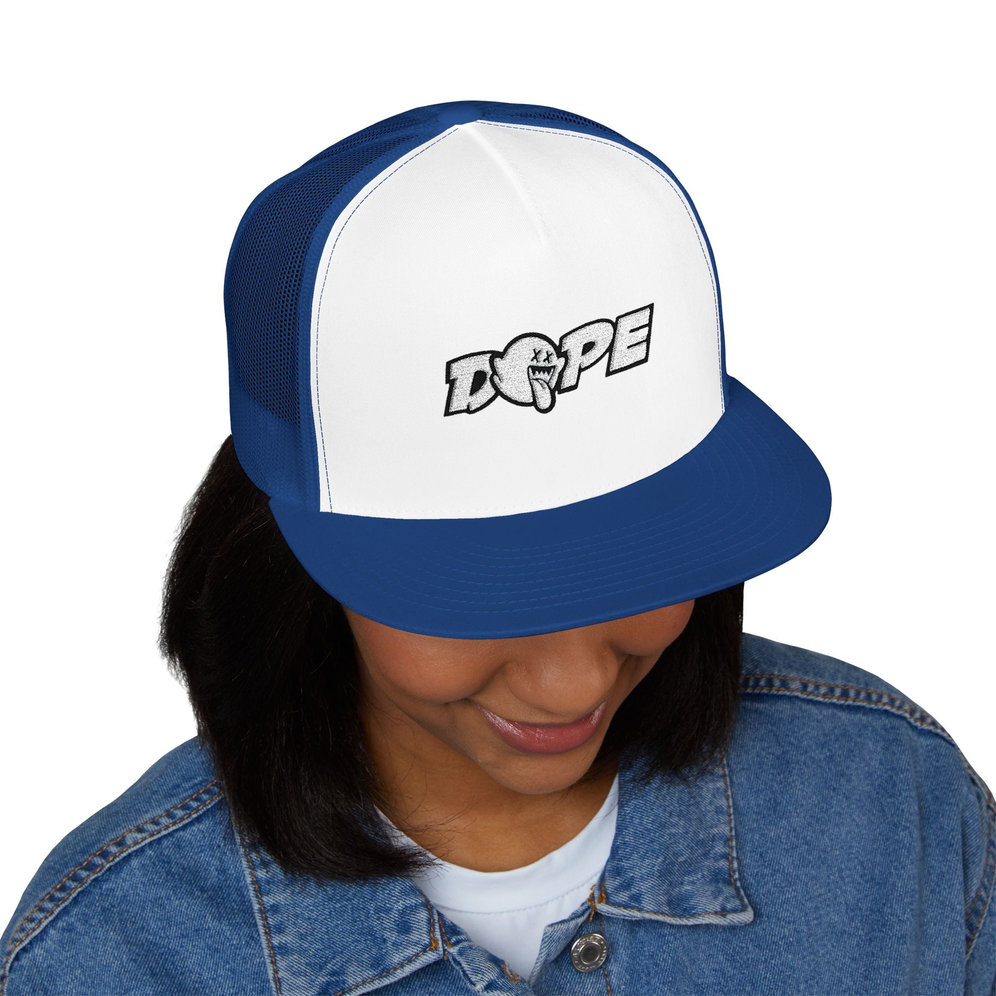 Dope Embroidered Trucker Cap — Retro Puff Lettering Mesh Hat