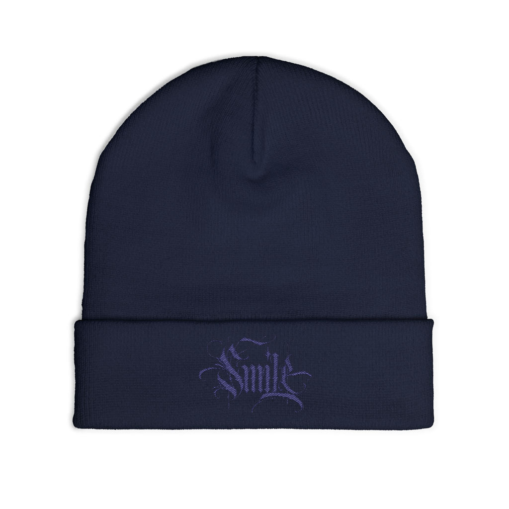 Embroidered 'Smile' Knit Beanie — Gothic Script Winter Hat